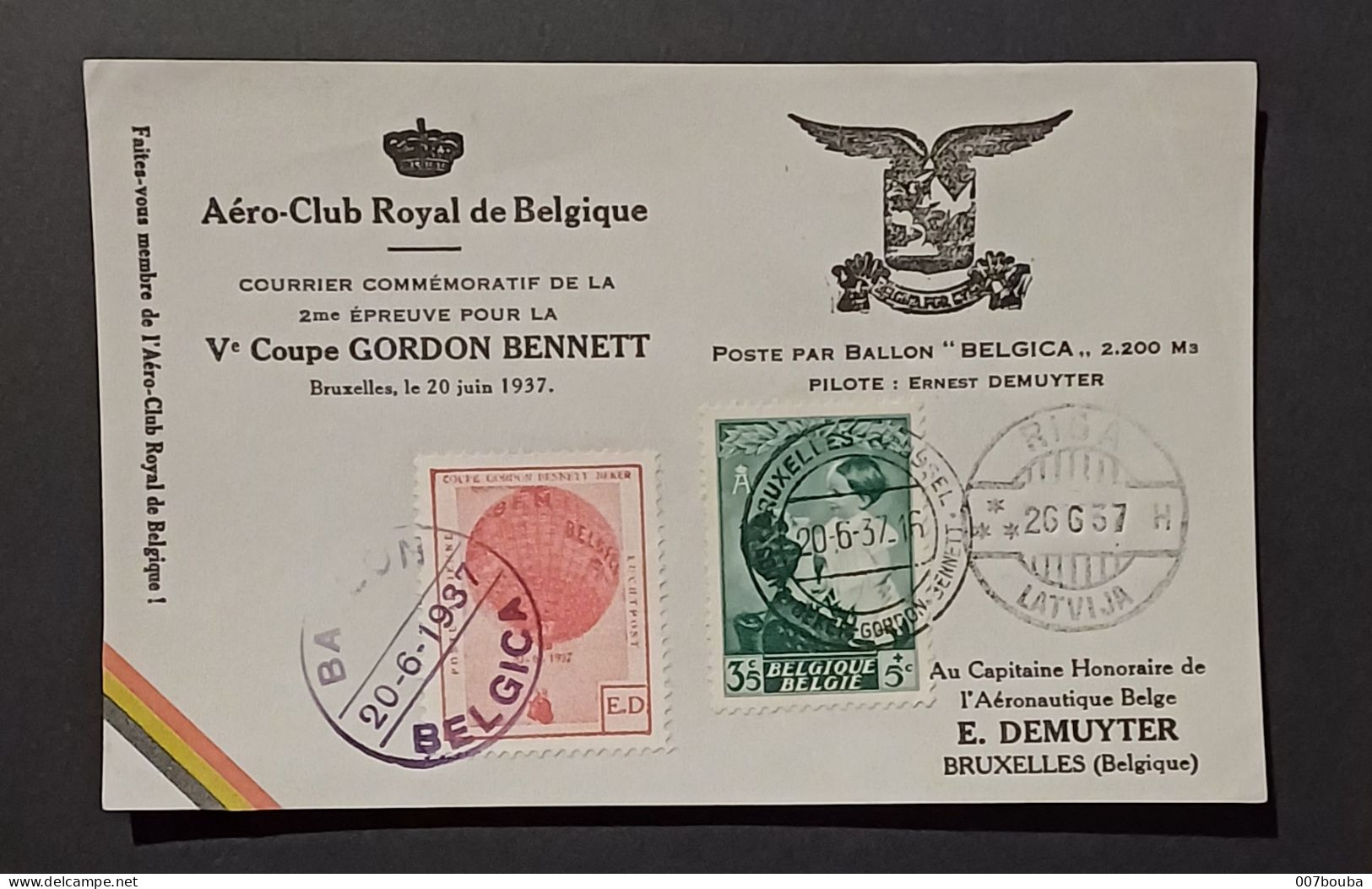 AEROPHILATÉLIE 1937 / COUPE GORDON BENNETT / BALLON BELGICA / VERS RIGA - Briefe U. Dokumente