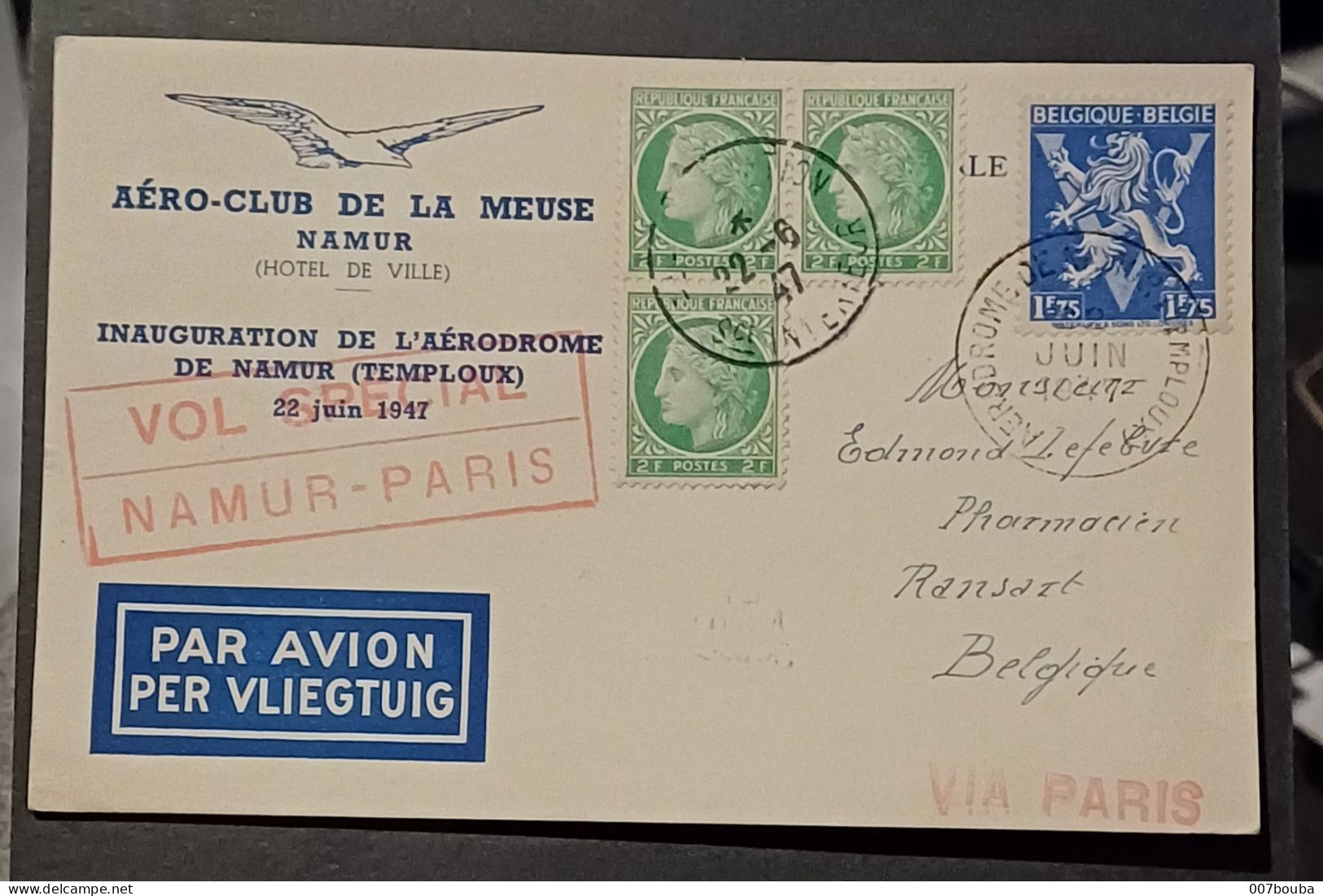 AEROPHILATÉLIE / AERO CLUB DE LA MEUSE 1947 / VOL SPECIAL NAMUR PARIS - Covers & Documents