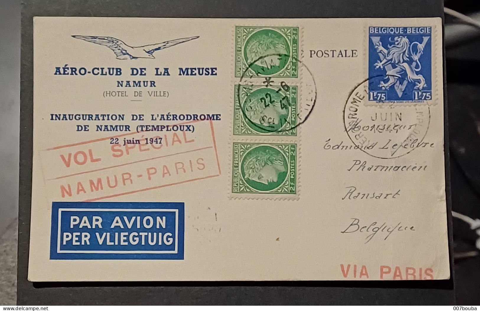 AEROPHILATÉLIE / AERO CLUB DE LA MEUSE 1947 / VOL SPECIAL NAMUR PARIS - Briefe U. Dokumente