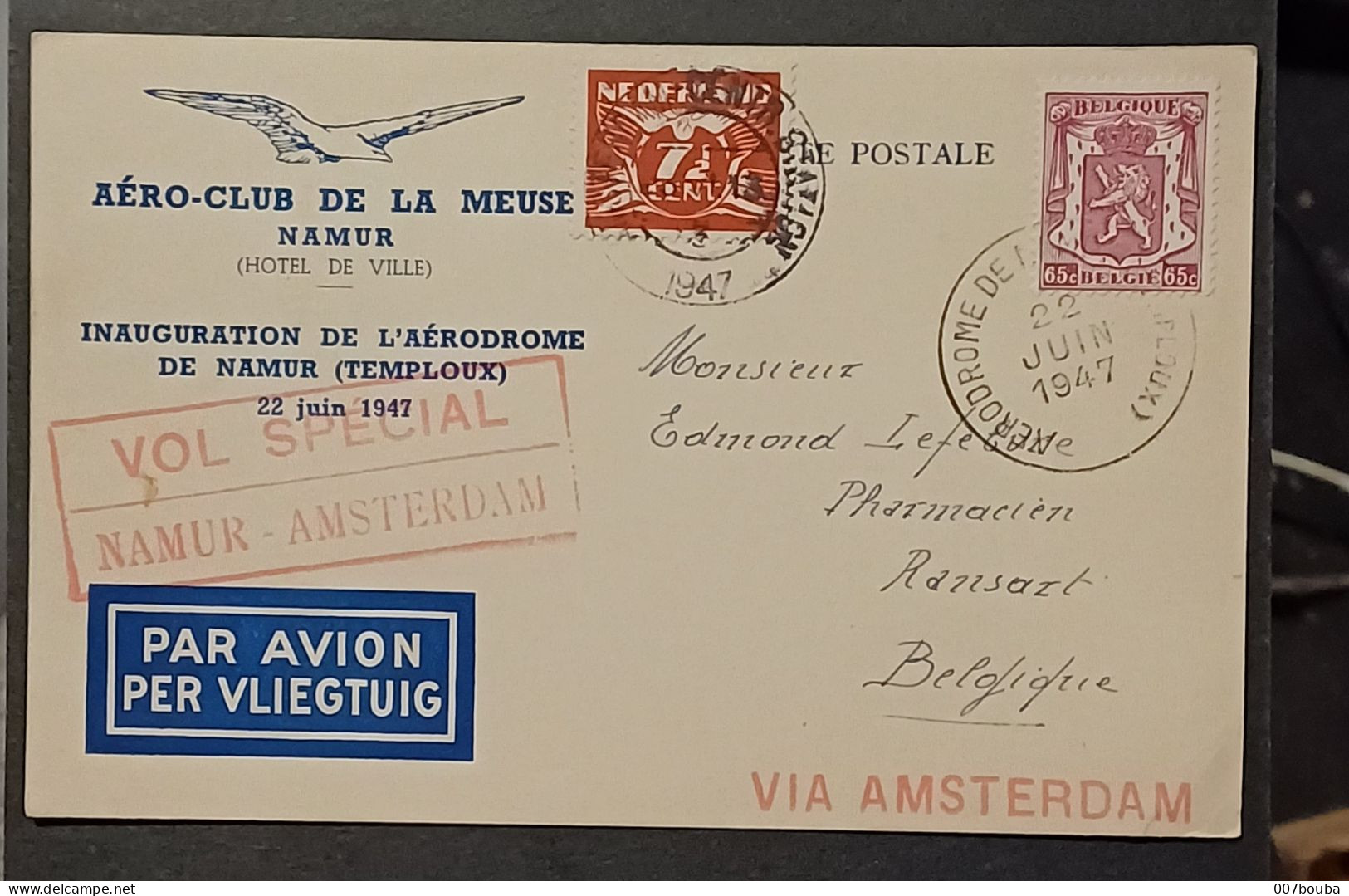 AEROPHILATÉLIE / AERO CLUB DE LA MEUSE 1947 / VOL SPECIAL NAMUR AMSTERDAM - Covers & Documents
