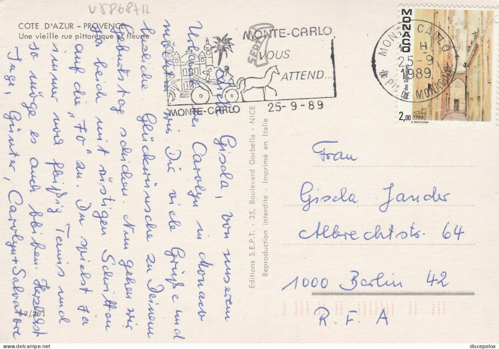 U5868 Monaco - 2 Francs Rue Des Spelugues - Nice Stamps Timbres Francobolli / Viaggiata 1989 - Brieven En Documenten
