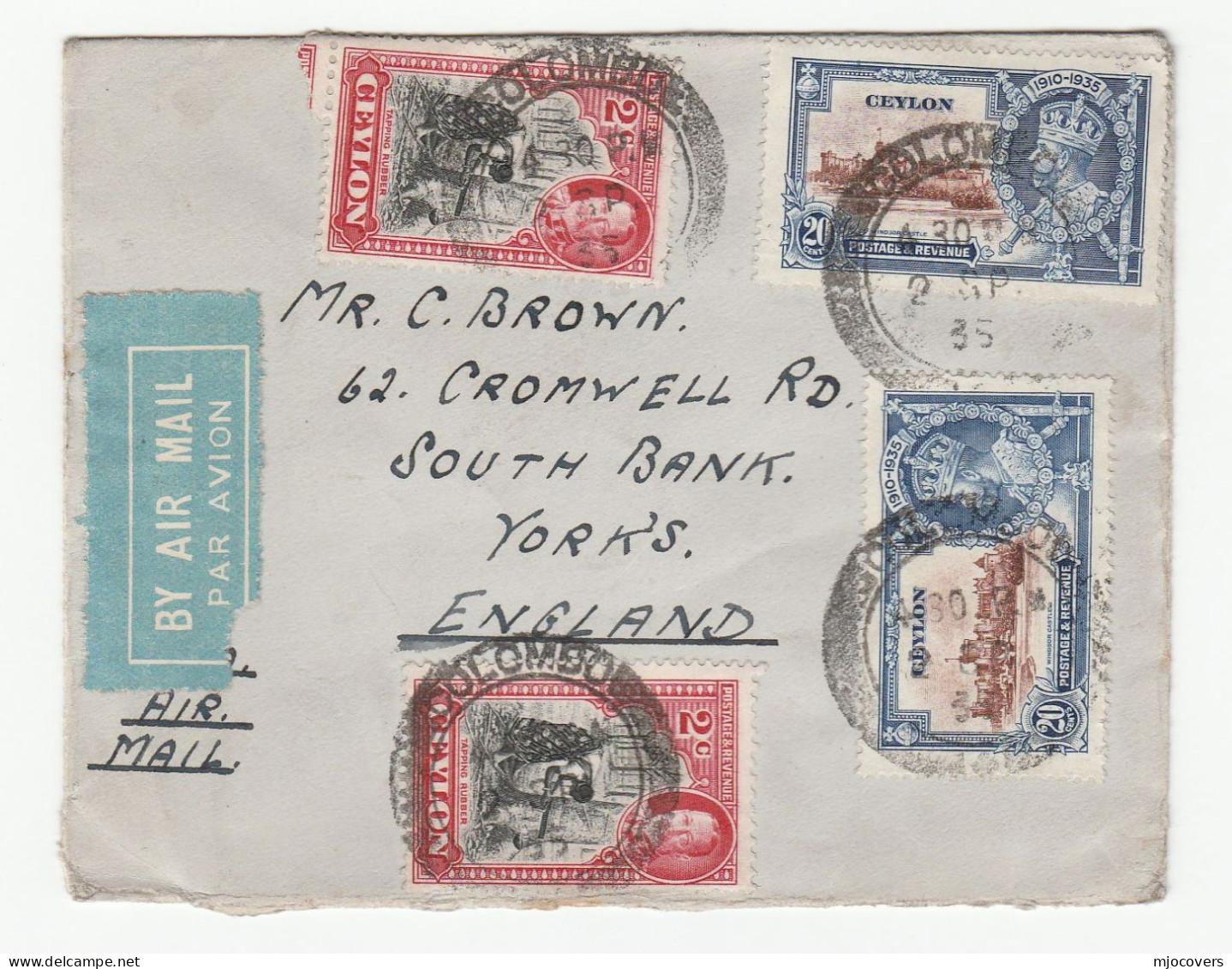 1935 CEYLON Multi Royal Jubilee Rubber Tree Stamps COVER Air Mail To GB Royalty - Ceylon (...-1947)