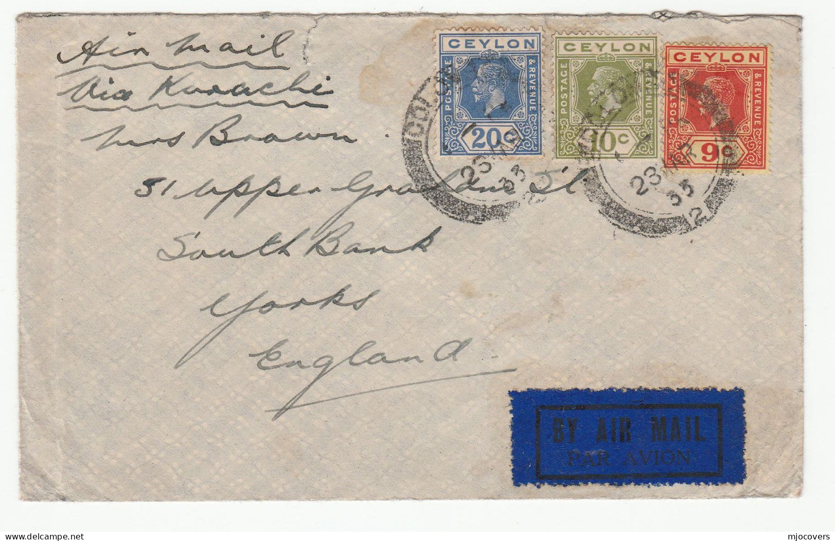 1933 CEYLON Stamps COVER Air Mail Via Karachi Pakistan To GB Airmail Label - Ceylan (...-1947)