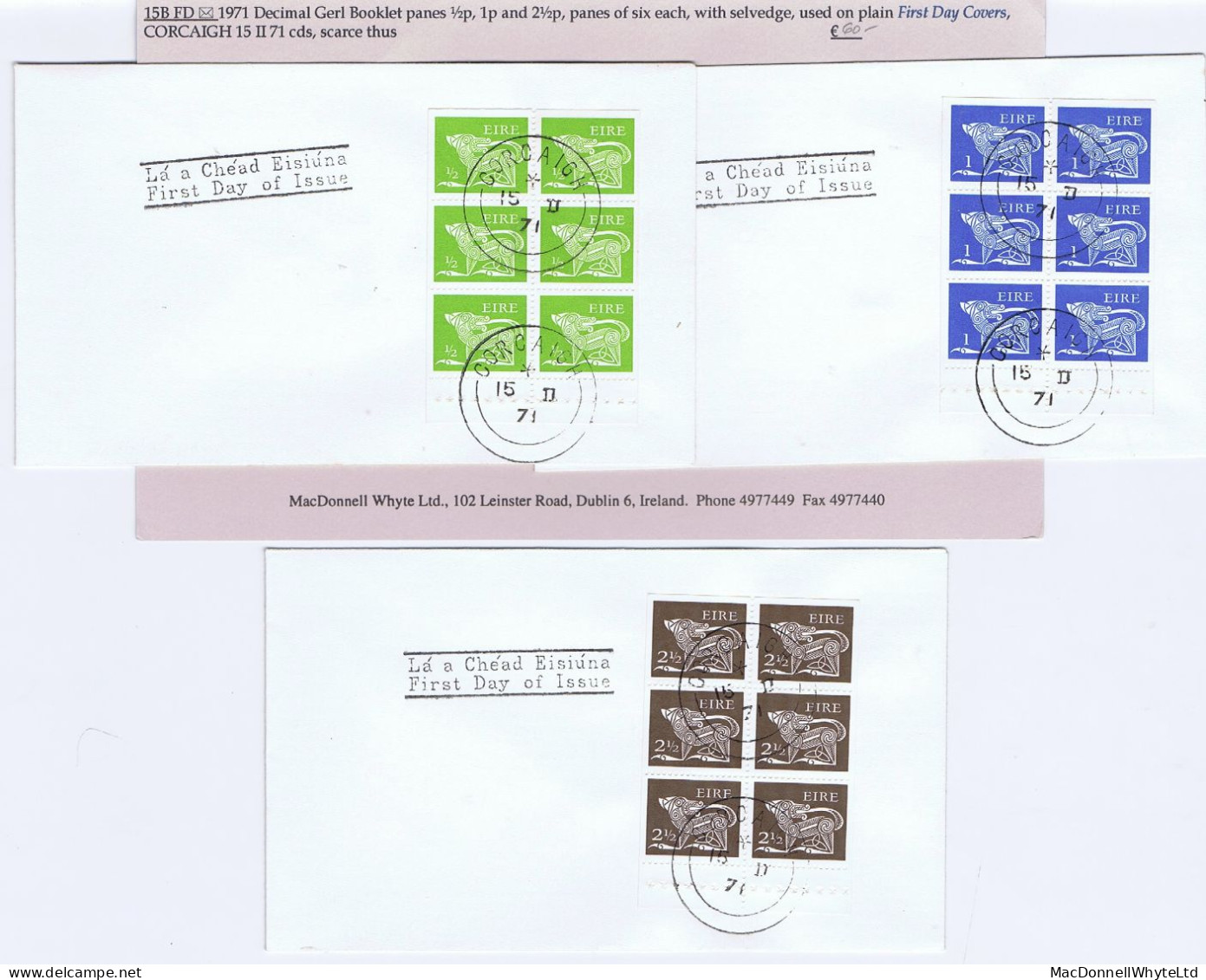 Ireland 1971 Gerl Decimal Definitives, Booklet Panes Of Six ½p, 1p, 2½p Very Fine Used On First Day Covers - Brieven En Documenten