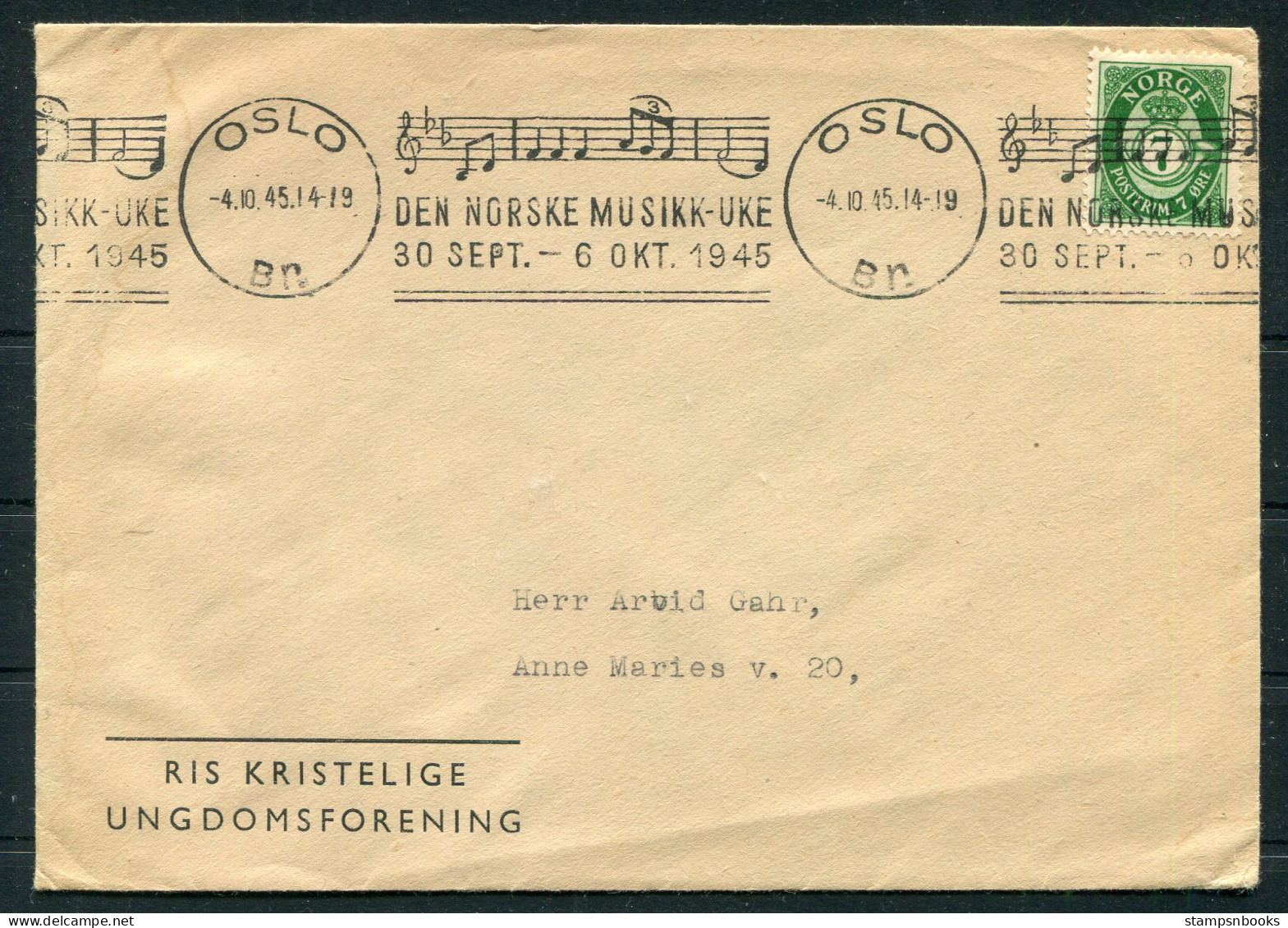1945 Norway Oslo "Den Norske Musikk-Uke" Music Machine Slogan Cancel Cover  - Brieven En Documenten