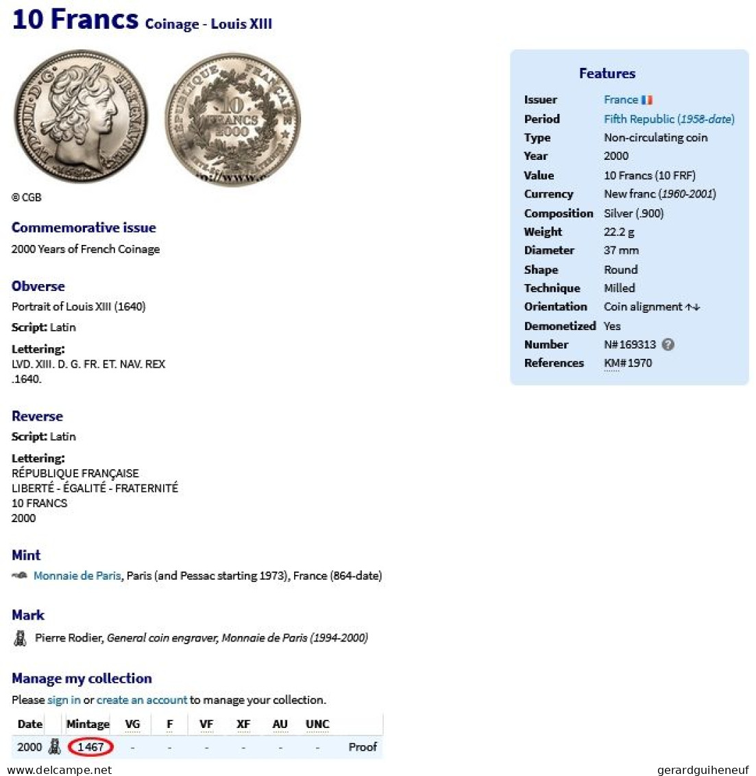 RARISSIME : 10 Francs ARGENT 2000 FDC "Louis XIII" - Cotation : 80 € : - Kilowaar - Munten