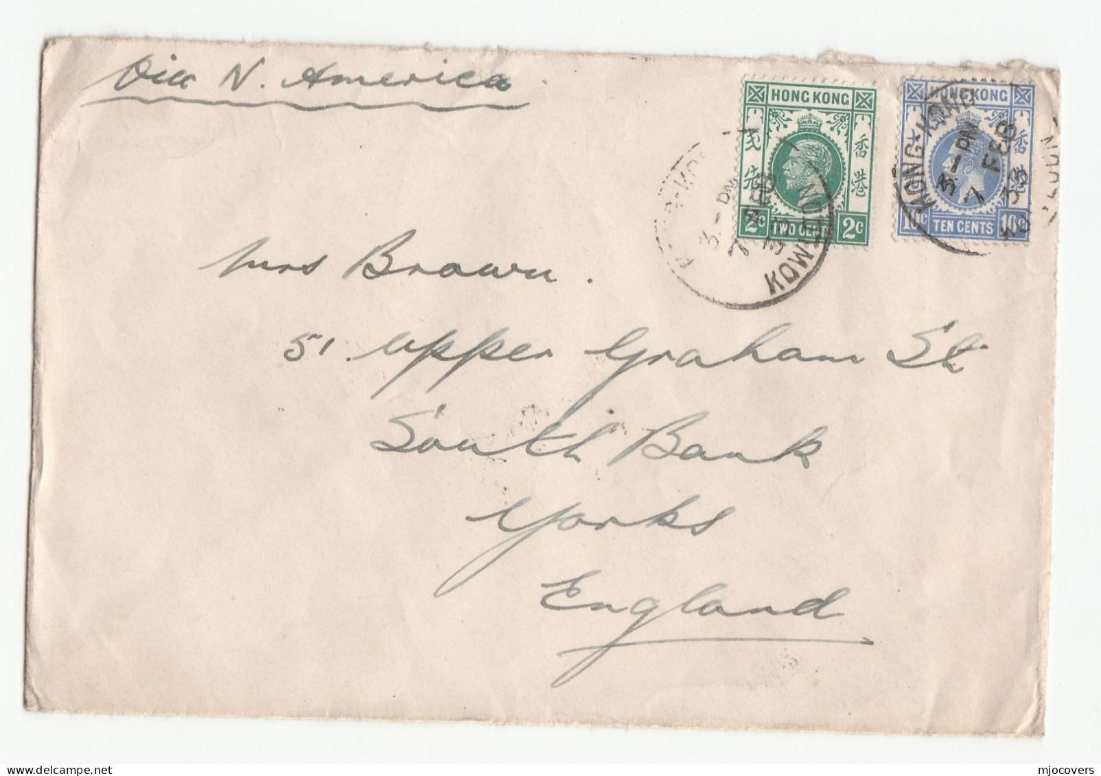 1933 HONG KONG Stamps COVER Via North America  To GB China - Briefe U. Dokumente