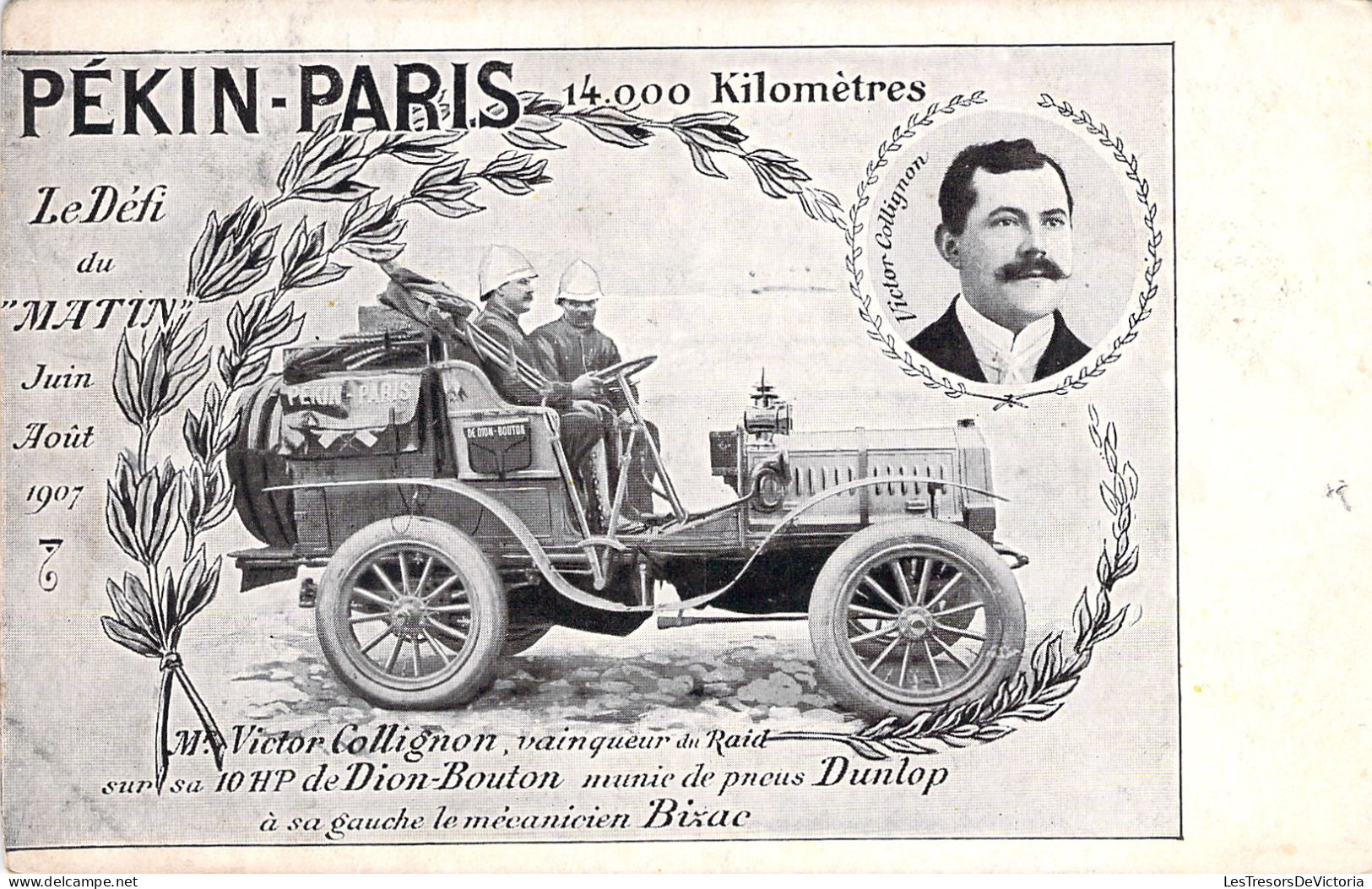 AUTOMOBILE - Pekin Paris 14 000 Kilometres - Raid De Dion Bouton - Collignon - Pneu Dunlop - Carte Postale Ancienne - Other & Unclassified