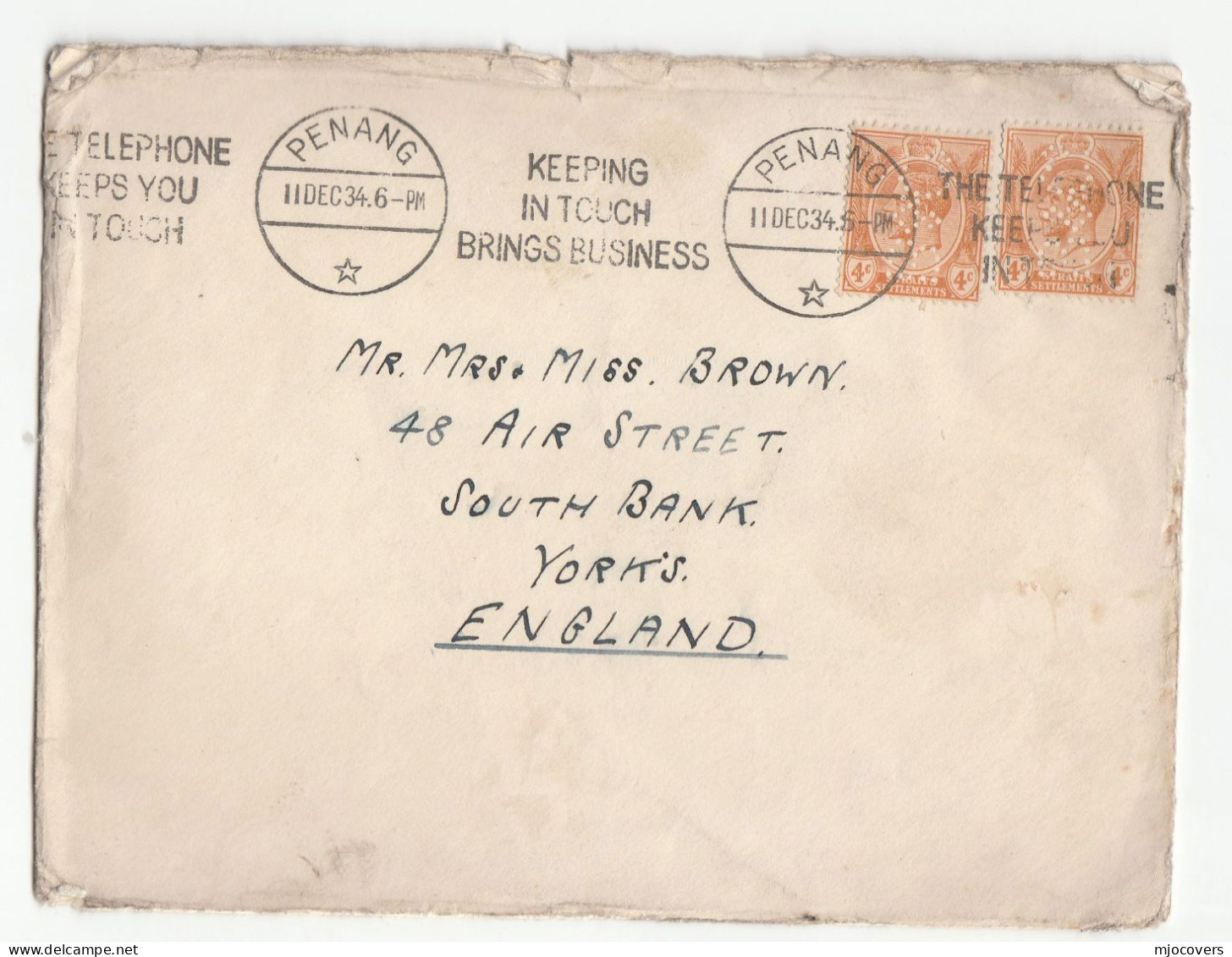 1934 Straits Settlements PERFIN Stamps COVER PENANG Slogan TELEPHONE Keeping Touch Brings BUSINESS To GB Malaya Perfins - Straits Settlements