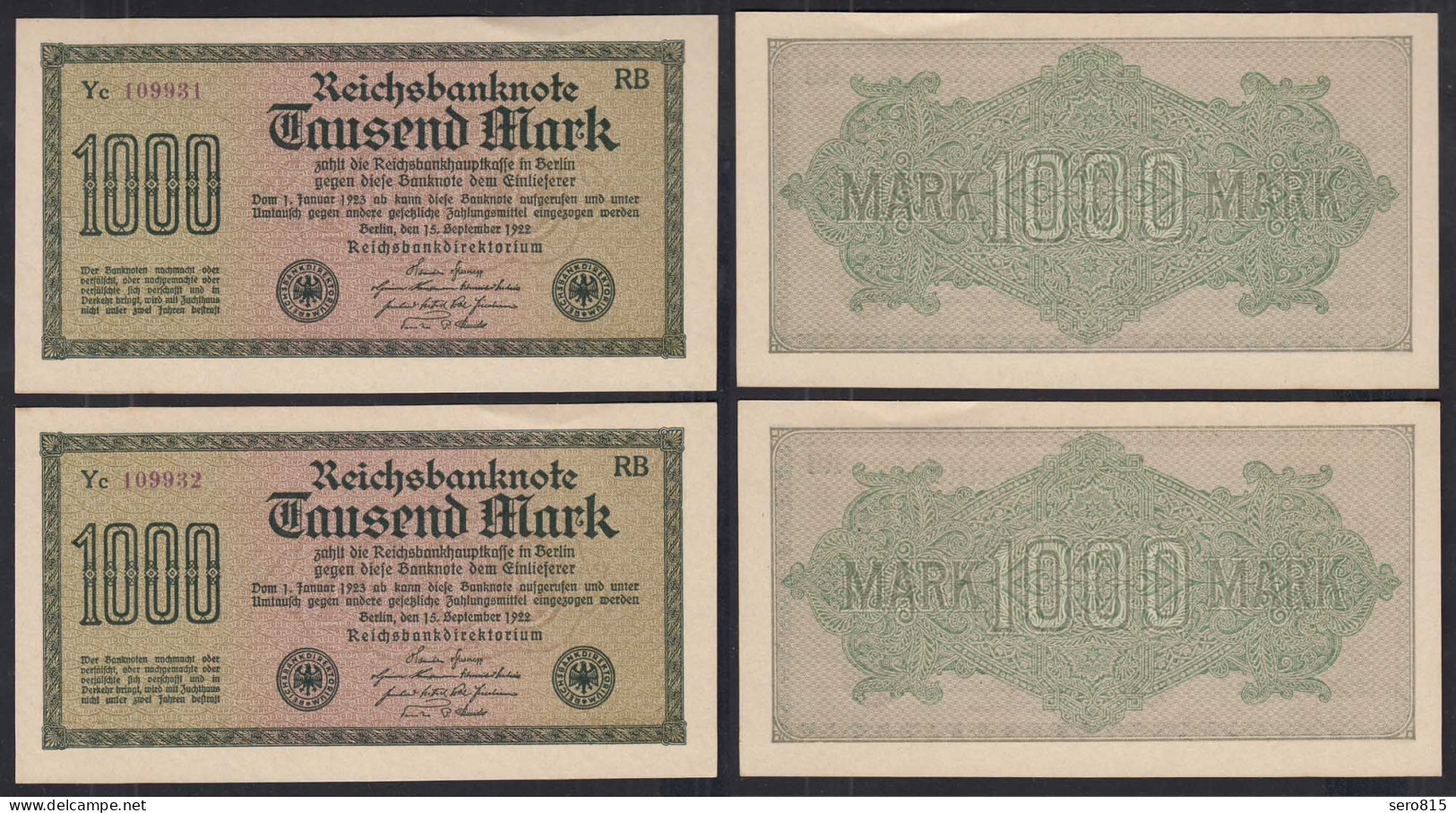 Ros 75k 2 Stück Im Paar 1000 Mark 1922 Pick 76d FZ: RB BZ: Yc AUNC  (1-)  (30265 - Sonstige & Ohne Zuordnung