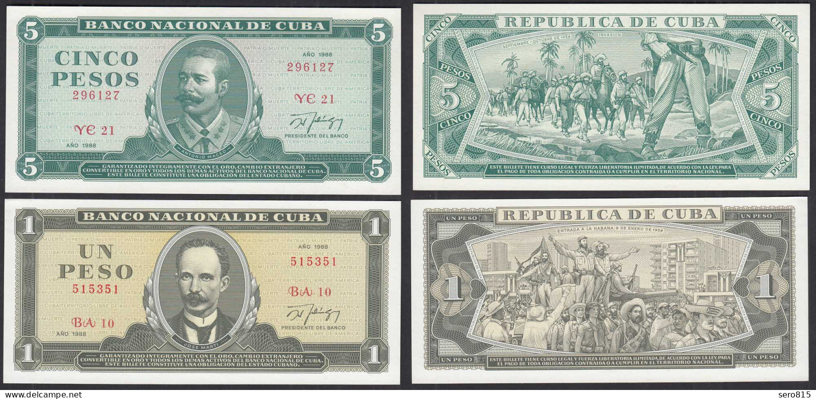 Kuba - Cuba - 1 + 5 Pesos Banknoten Aus 1988 UNC (1) Pick 102d + 103d   (31952 - Otros – América