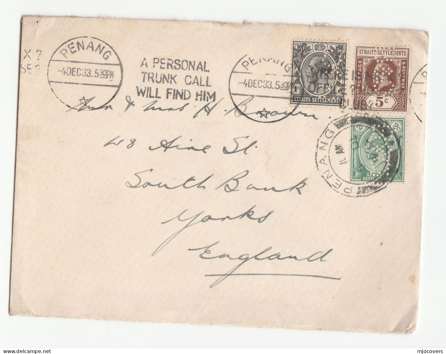 1933 Straits Settlements PERFIN Stamps COVER PENANG Slogan TELEPHONE Personal TRUCK CALL  FIND HIM To GB Malaya Perfins - Straits Settlements