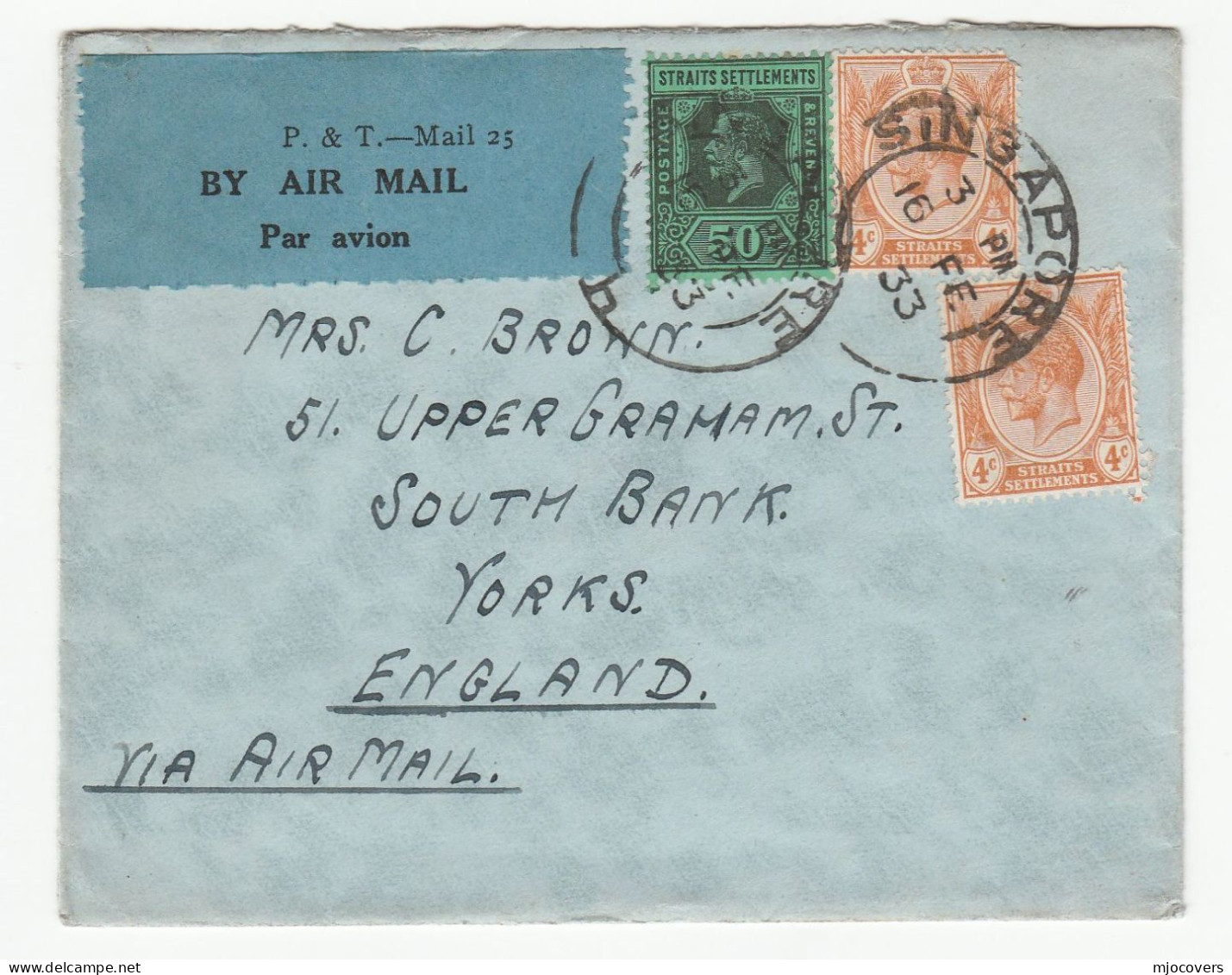 1933 Straits Settlements COVER SINGAPORE P&T Mail 25 Air Mail Label   To GB Malaya Stamps Malaysia - Straits Settlements