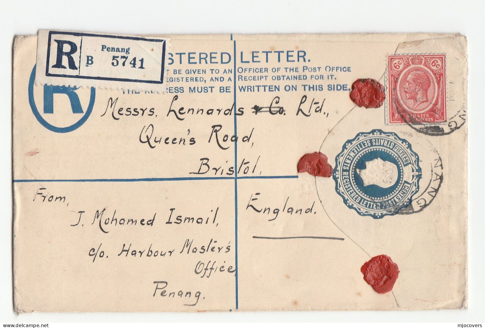 1930's Straits Settlements Registered POSTAL STATIONERY Cover HARBOUR MASTERS OFFICE Penang To GB WAX SEAL Malaya Stamps - Straits Settlements