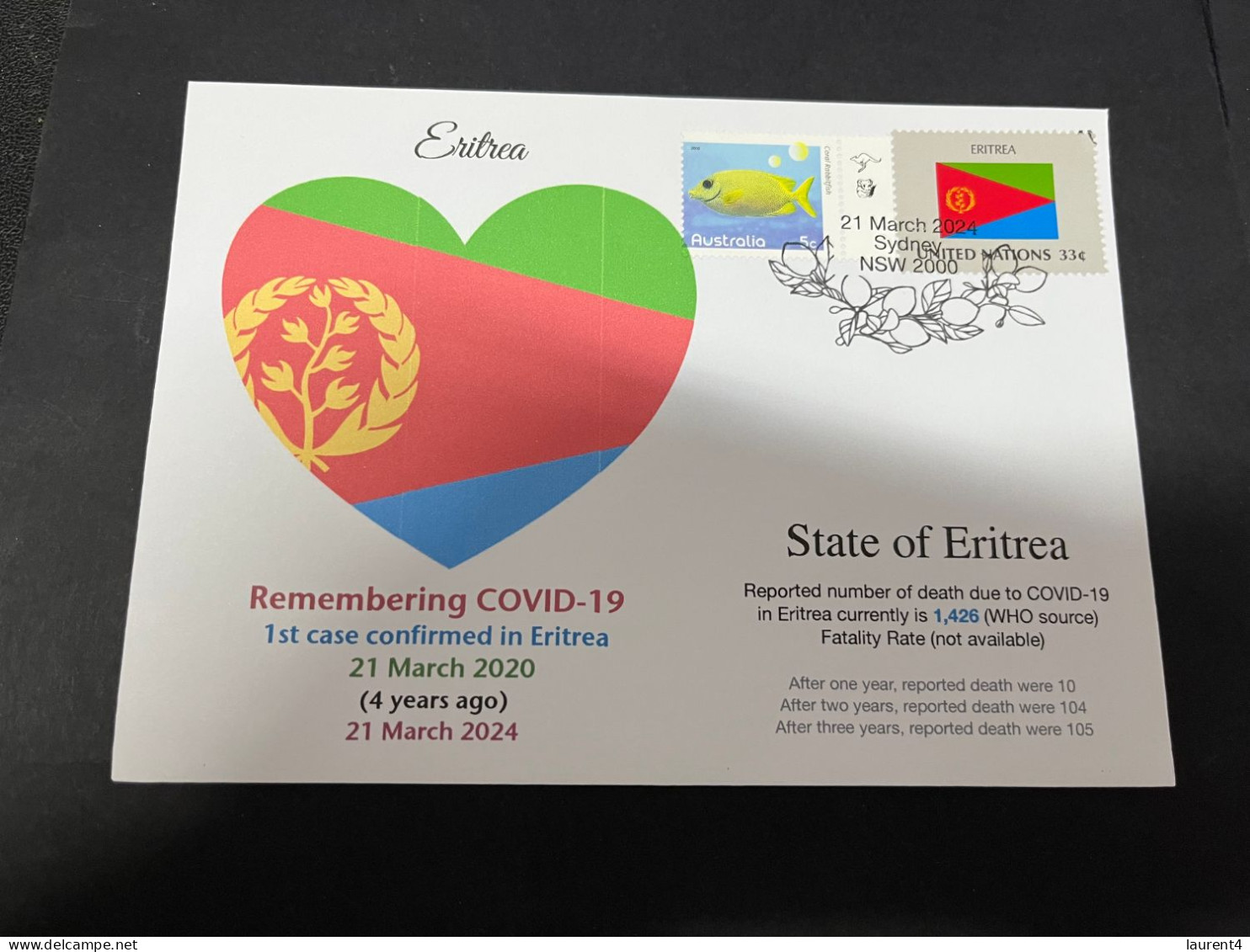 21-3-2024 (3 Y 37) COVID-19 4th Anniversary - Eritrea - 21 March 2024 (with Eritrea UN Flag Stamp) - Ziekte