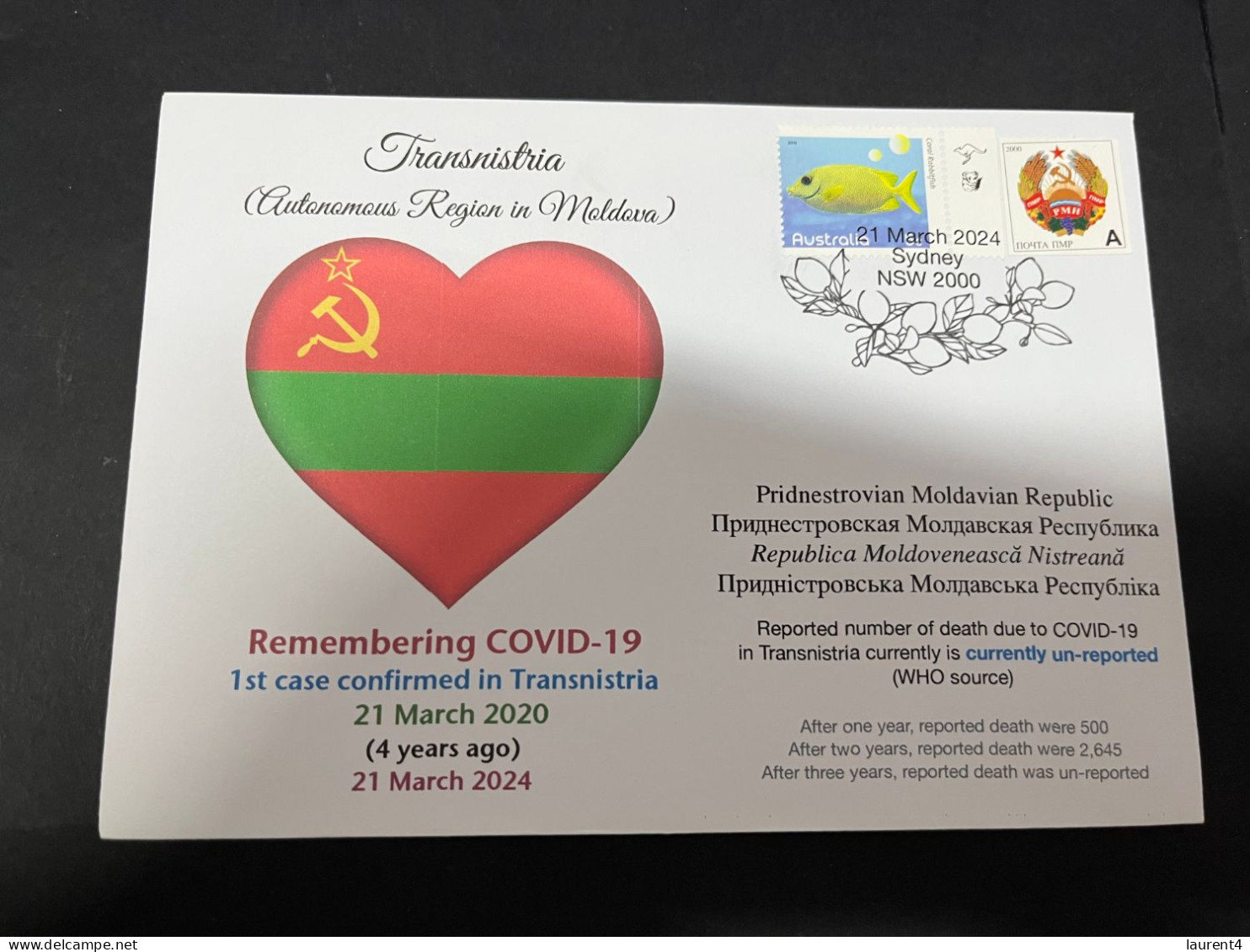 21-3-2024 (3 Y 37) COVID-19 4th Anniversary - Transnistria (Moldova) - 21 March 2024 (with Transnistria Flag Stamp) - Ziekte