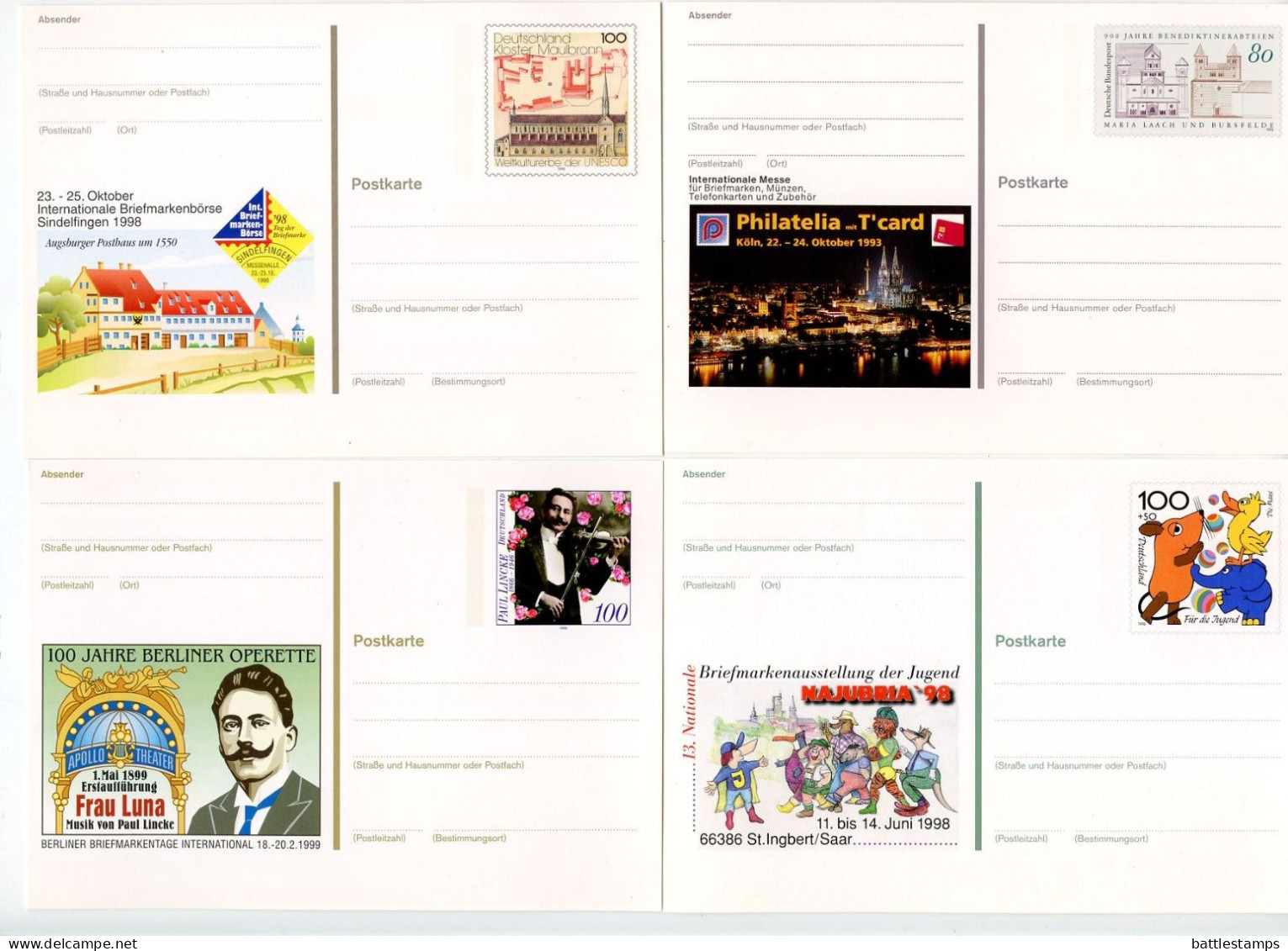 Germany 1988-1998 8 Different Mint Postal Cards With Illustrated Cachets - Postcards - Mint