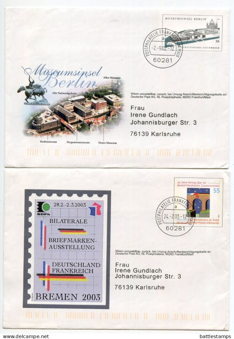 Germany 2002-2003 2 Different Used Illustrated Postal Envelopes; Frankfurt To Karlsruhe - Enveloppes - Oblitérées