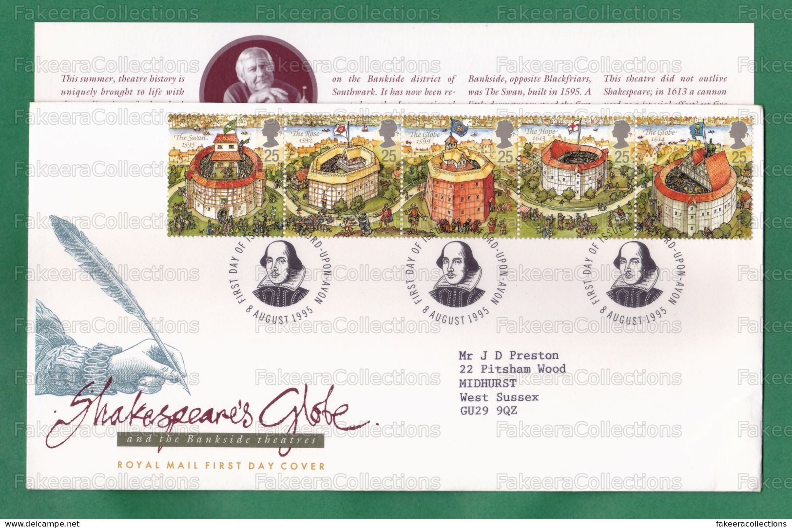 GB GREAT BRITAIN 1995 Grande Bretagne - SHAKESPEARE'S GLOBE 5v Se-Tenant FDC + Brochure - Horses, Horse, Swan, Rose, Hop - Horses