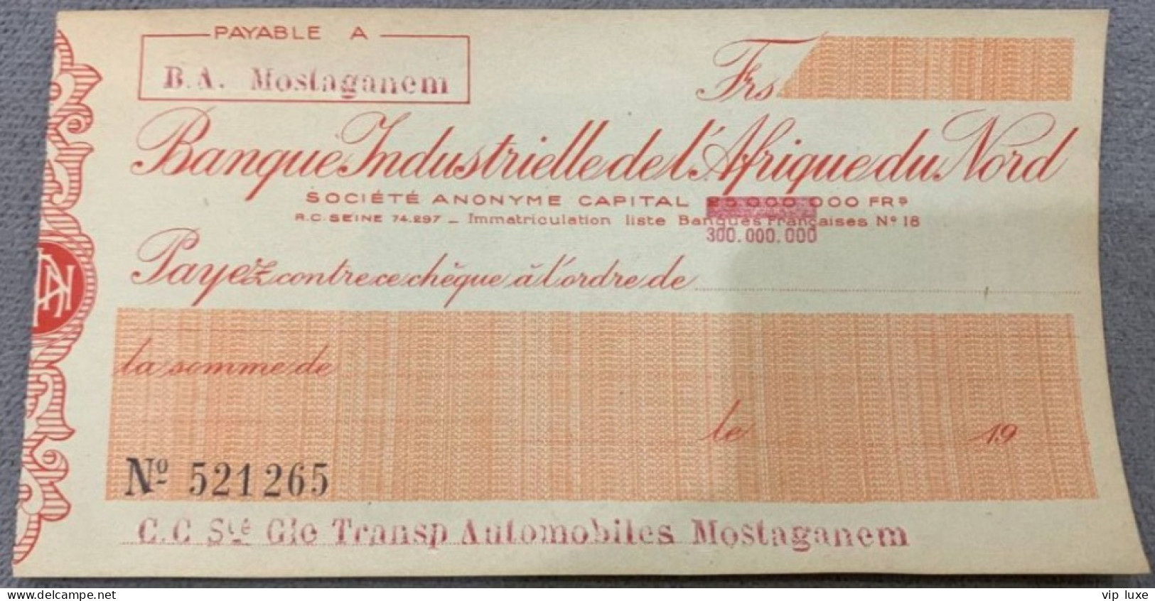 Cheque De Banque Industrielle De L'Afrique Du Nord Colonial - Cheques & Traveler's Cheques