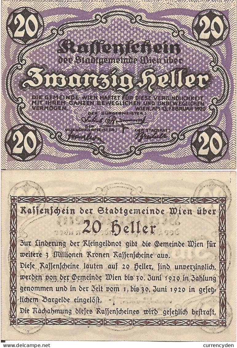 Austria P R57, 20 Heller, Regional Note For Vienna, 1920, UNC - Oesterreich