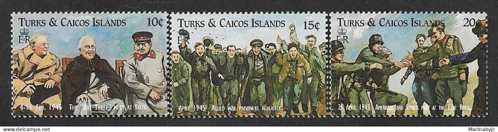 SE)1995 TURKS AND CAICOS ISLANDS  50TH ANNIVERSARY OF THE END OF THE SECOND WORLD WAR IN EUROPE, SOLDIERS CELEBRATING, 3 - Turks & Caicos (I. Turques Et Caïques)