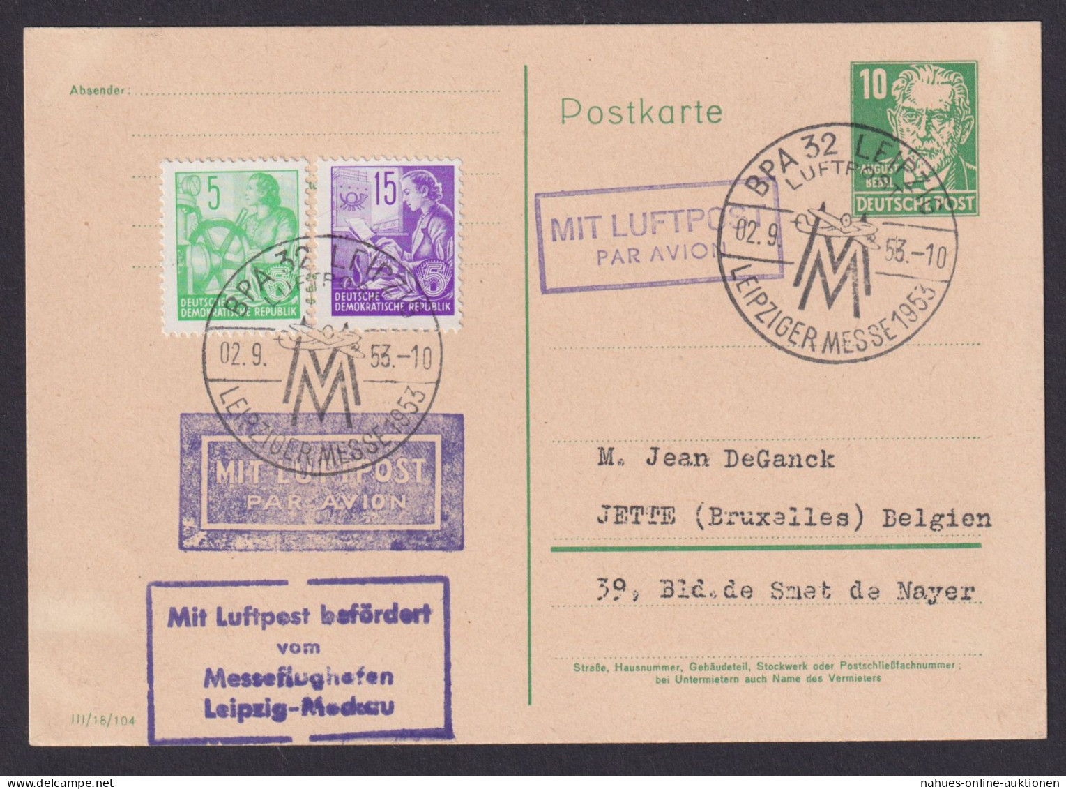 Flugpost Brief Air Mail DDR Ganzsache Köpfe Bebel P 41 II C K1 BPA 32 Leipzig - Postkarten - Gebraucht