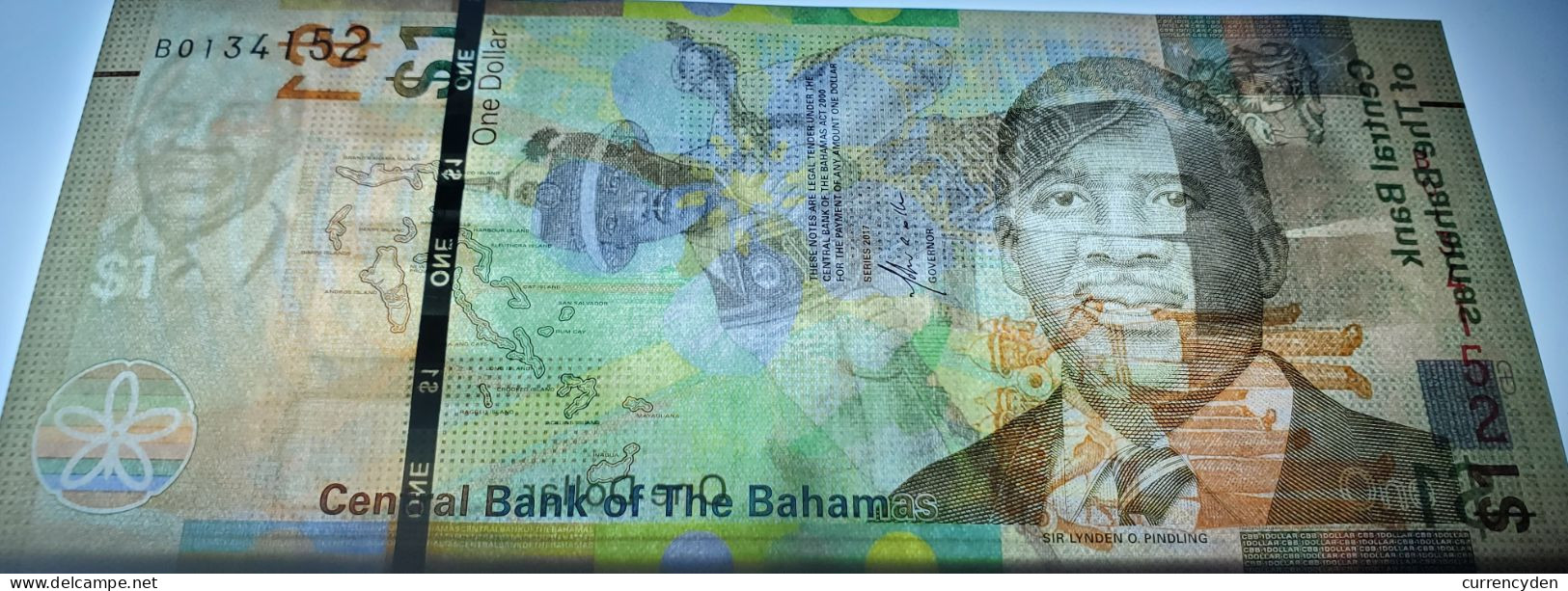 Bahamas $1, P77, Flower, Map, Sir Lynden Pindling / Police Band, 2017, UNC - Bahama's