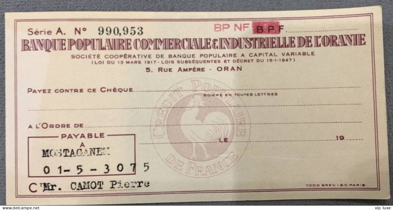 Cheque Banque Populaire Commerciale Et Industrielle De L'oranie 1956 - Chèques & Chèques De Voyage