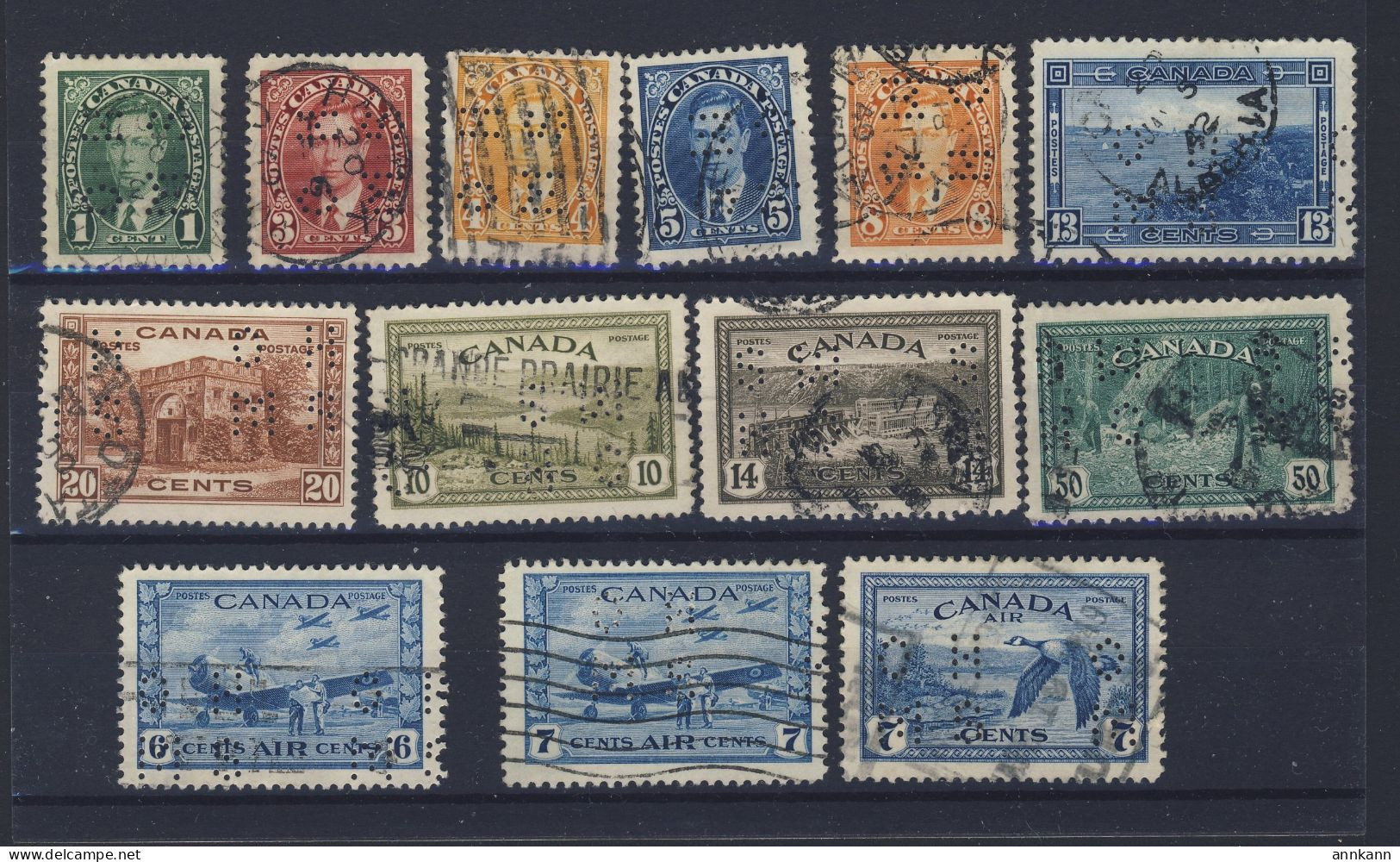 13x Canada OHMS Perf In Stamps; George VI & Air Mail Used. Guide Value = $57.00 - Perforés