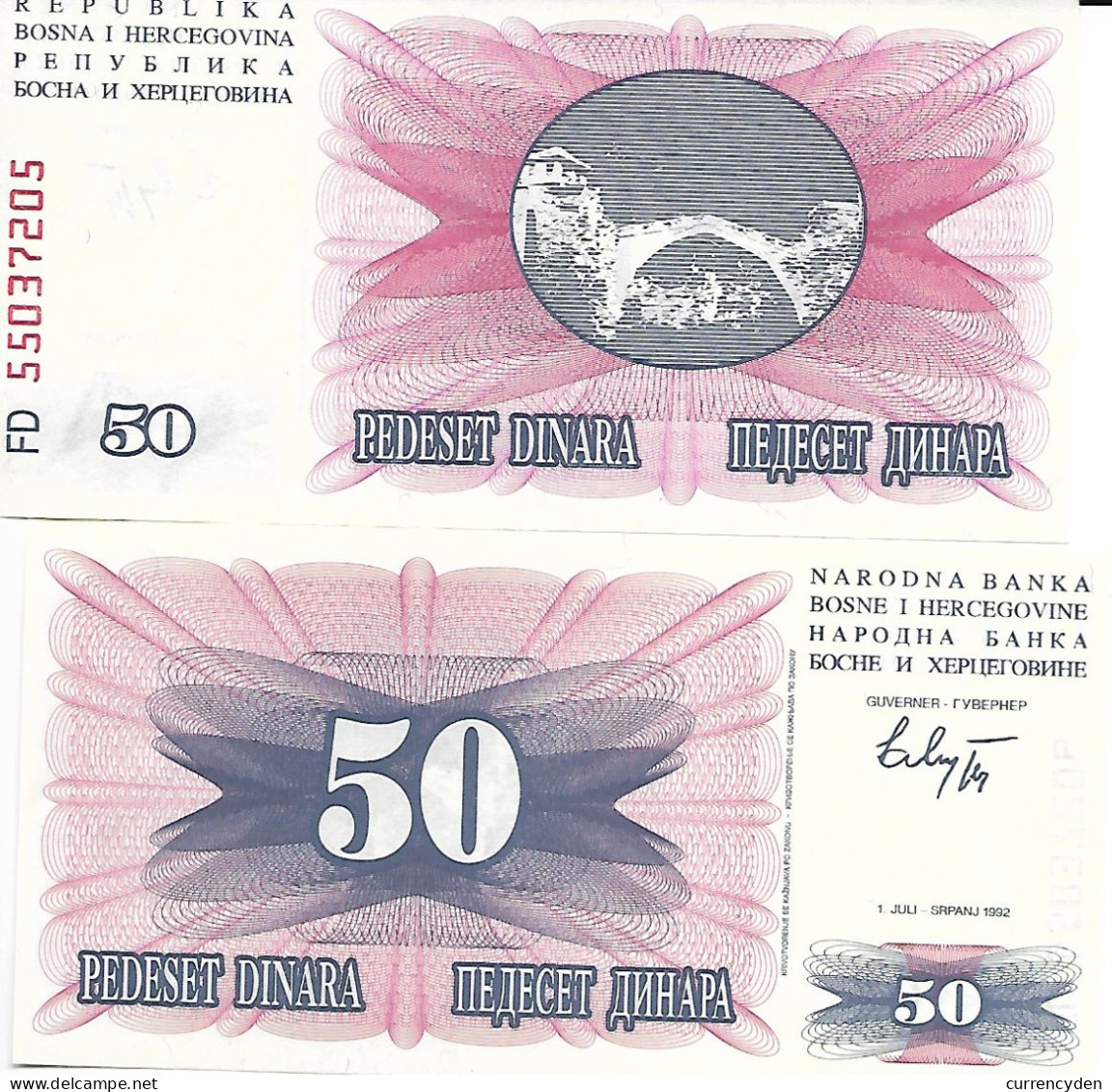 Bosnia P12a, 50 Dinara Bridge At Mostar, Uncirculated 1992 - Bosnien-Herzegowina