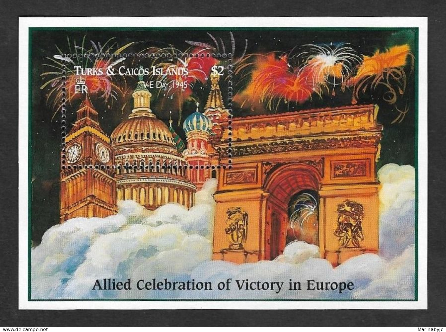 SE)TURKS AND CAICOS ISLANDS  ALLIED CELEBRATION OF VICTORY IN EUROPE, BIG BEN, SOUVENIR SHEET, MNH - Turks And Caicos