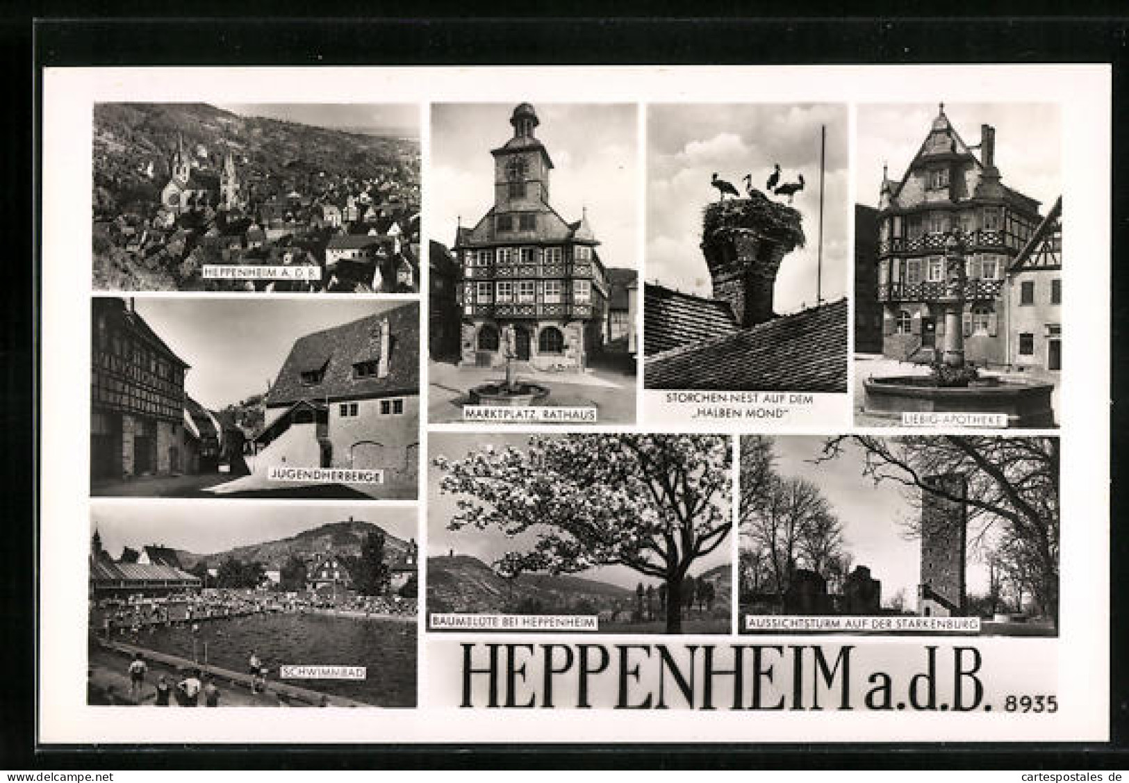 AK Heppenheim A. D. B., Marktplatz Mit Rathaus, Liebig-Apotheke, Aussichtsturm Auf Der Starkenburg  - Heppenheim