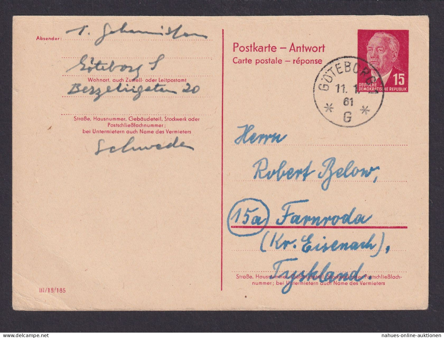 DDR Ganzsache P 65 B Pieck Antwort Göteburg Schweden Nach Farnroda Eisenach 50,- - Cartes Postales - Oblitérées