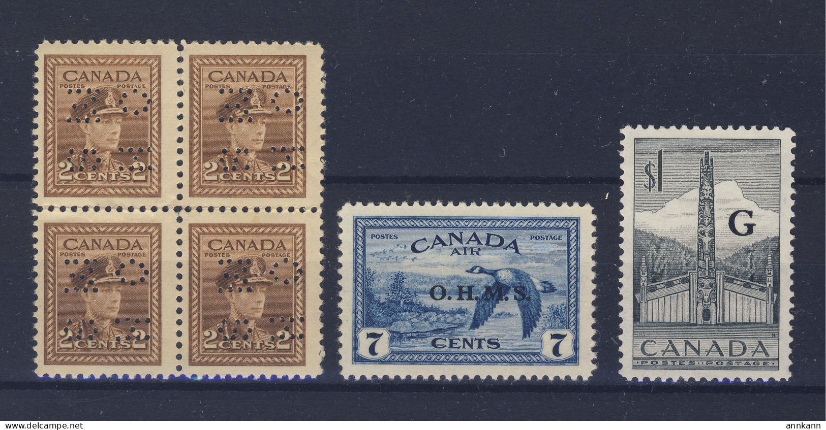 6x Canada Stamps #O250-2c Block Of 4 #CO1-7c #O32-$1.00 "G" Guide Value= $38.00 - Perfins