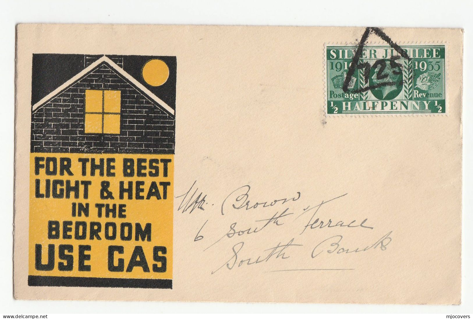 1930s Illus HOUSE LIGHT & HEAT BY GAS Advert Cover TRIANGULAR '725' Pmk GB Stamps Energy Gv Jubilee Royalty - Briefe U. Dokumente