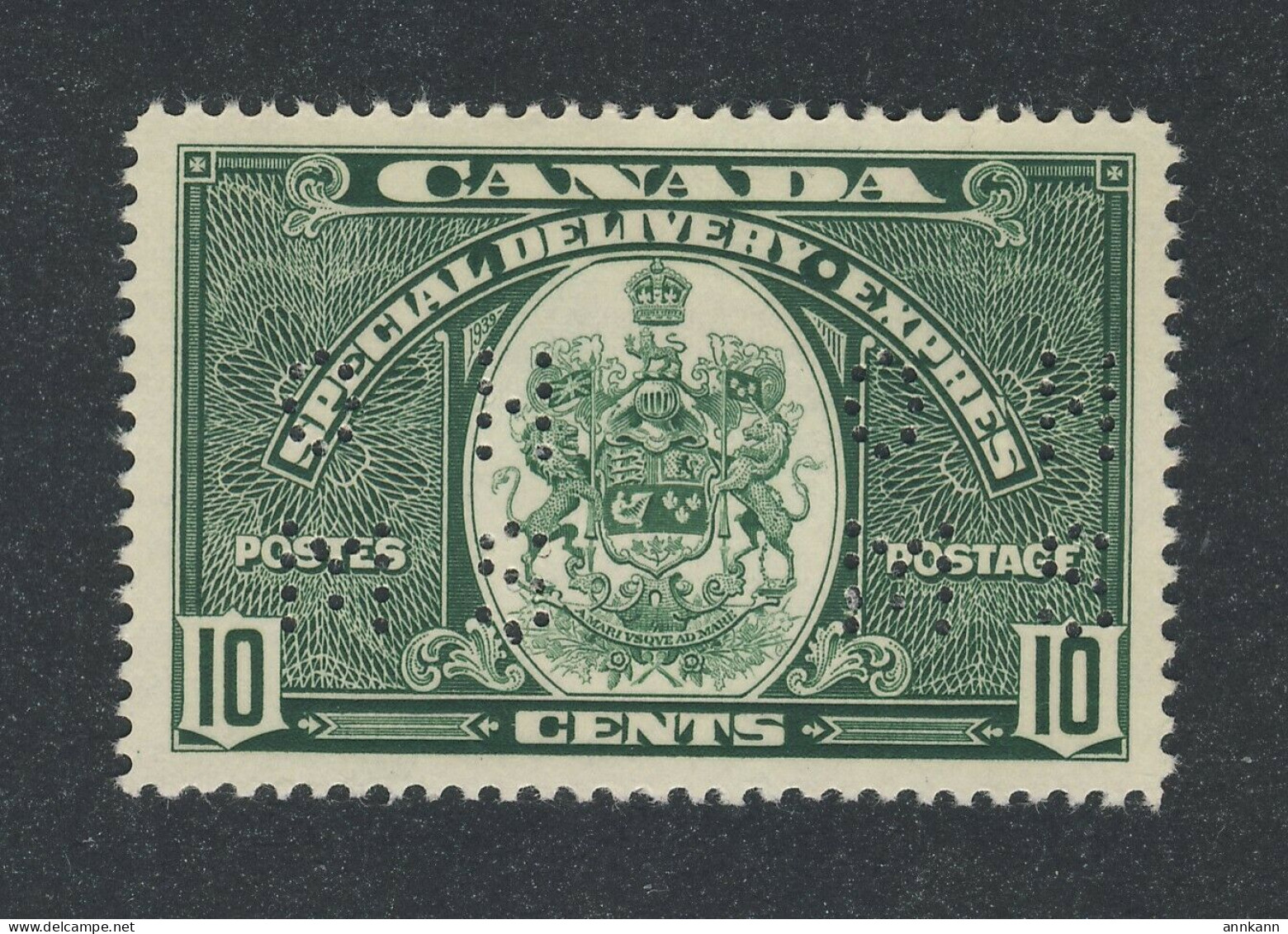 Canada Special Delivery Perf-In Stamp #OE7 - 10c Green MH VF GV= $30.00 - Perfin