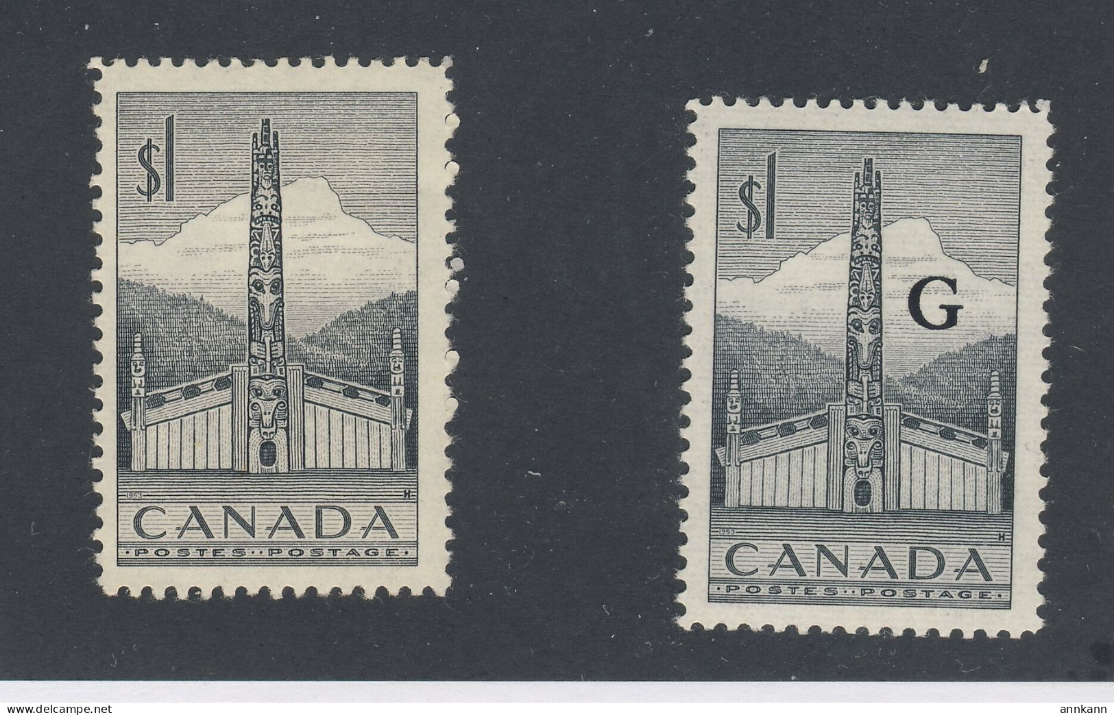 2x Canada MH Stamps #321 -$1.00 Totem & #032 -$1.00 Totem "G" GV = $17.00 - Overprinted