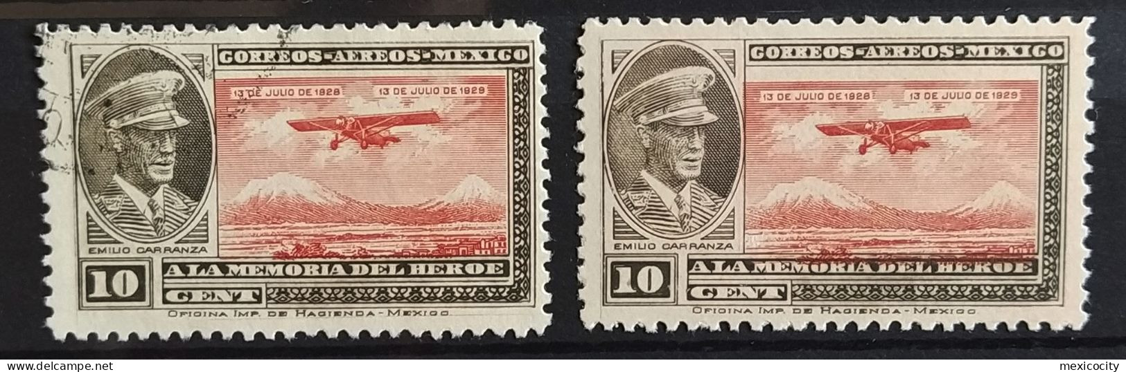 MEXICO 1929 Scott C6var 10c. CARRANZA Bottom Frame Reentry, LL Stamp In Blk. 4 & 2 Singles See Imgs., Mint & Used, Rare - Mexico