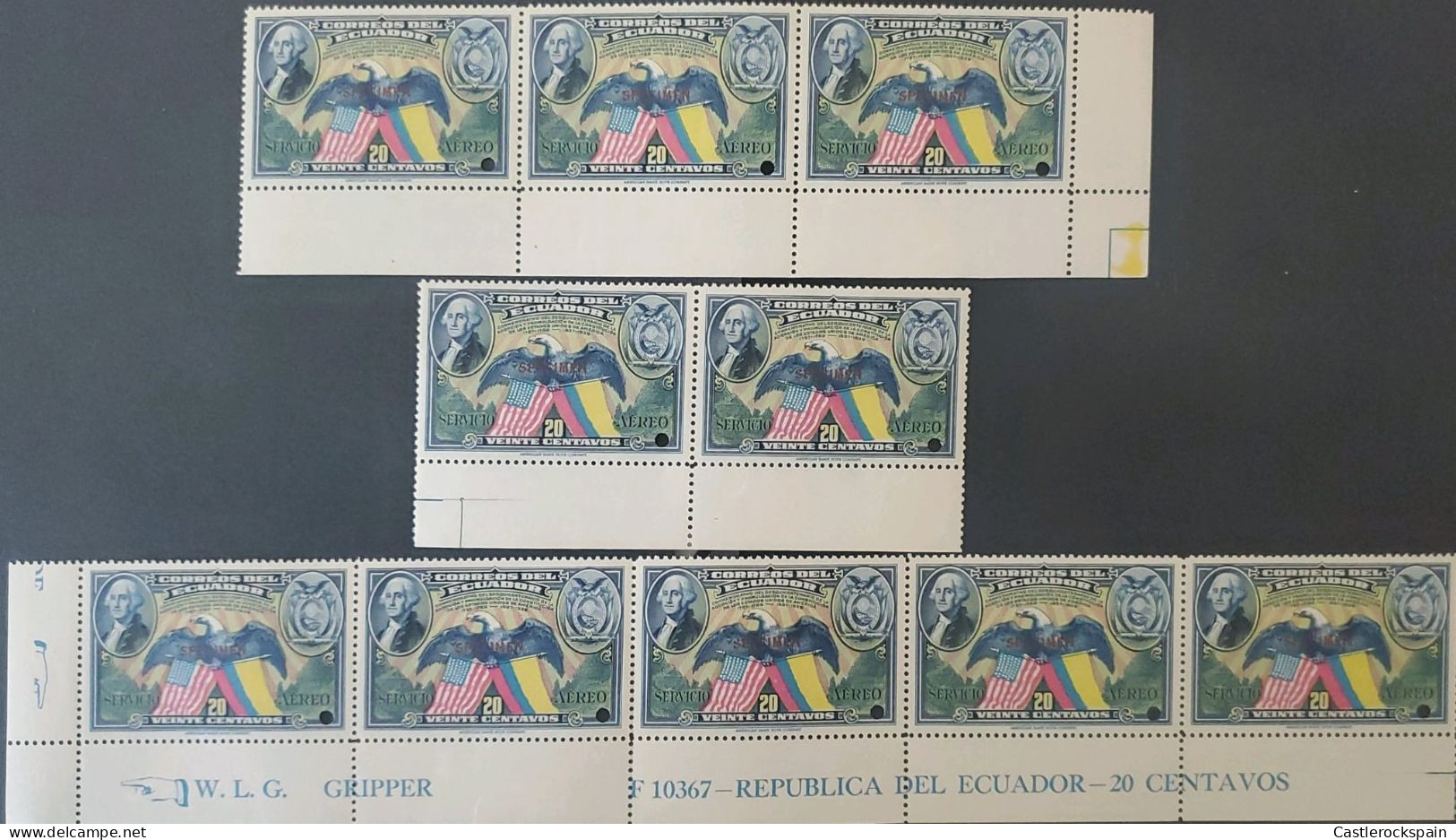 OH) 1938 ECUADOR, PUNCH, PORTRAIT WASHINGTON, AMERICAN EAGLE AND FLAGS,  GRIPPER  WITH CONTROL NUMBER, MNH - Equateur