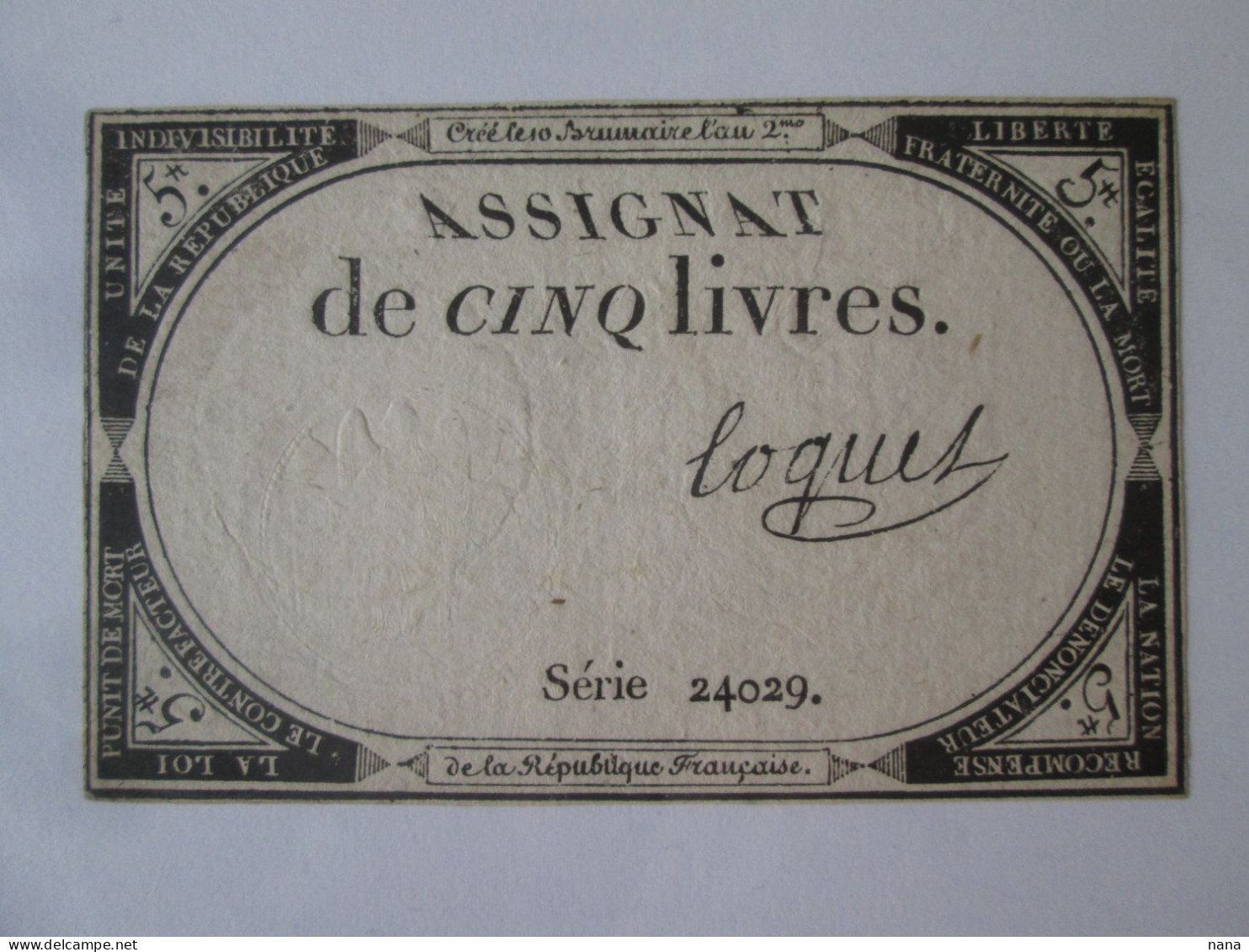 France Assignat De 5 Livres 1793 Serie 24029 Signature Loquet - Assignats