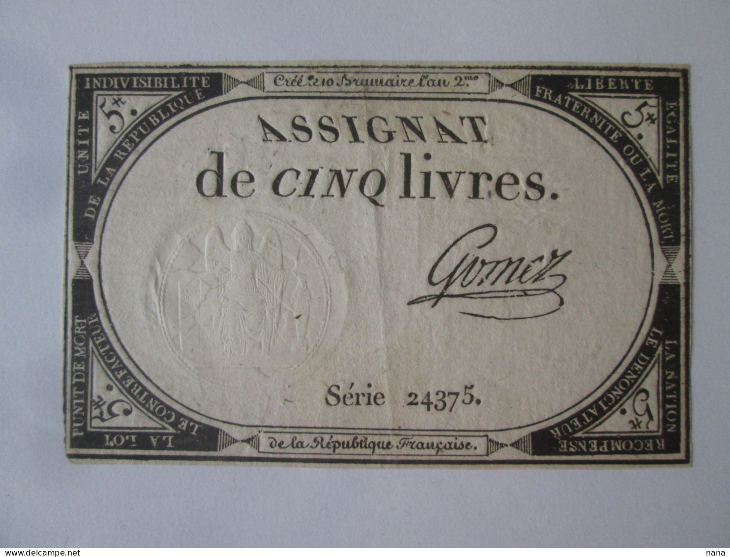 France Assignat De 5 Livres 1793 Serie 24375 Signature Gomez - Assegnati