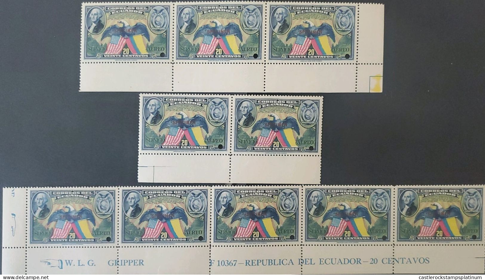 OH) 1938 ECUADOR, PUNCH, PORTRAIT WASHINGTON, AMERICAN EAGLE AND FLAGS,  GRIPPER  WITH CONTROL NUMBER, MNH - Equateur