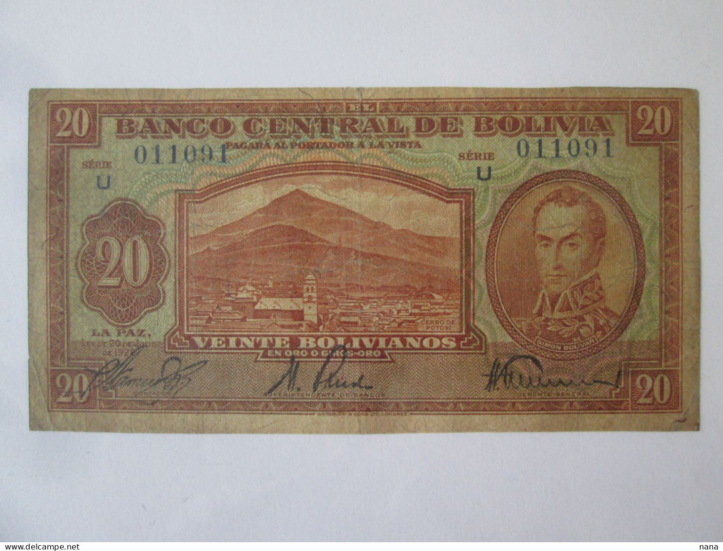 Bolivia 20 Bolivianos 1928 Banknote Series 011091 See Pictures - Bolivien