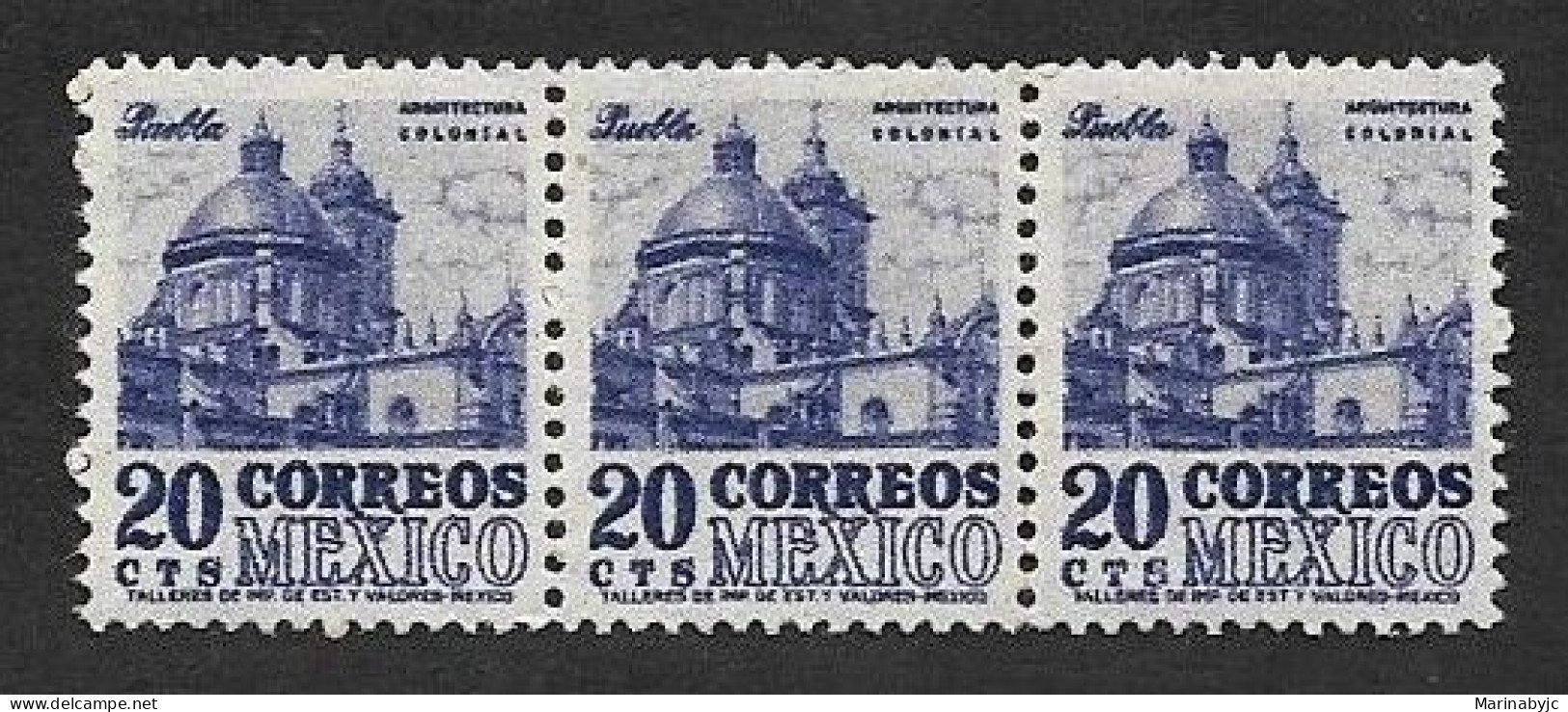 SE)1950-52 MEXICO  COLONIAL ARCHITECTURE, PUEBLA CATHEDRAL 20C SCT 860 WMK. 272, STRIP OF 3 MNH STAMPS - Mexico