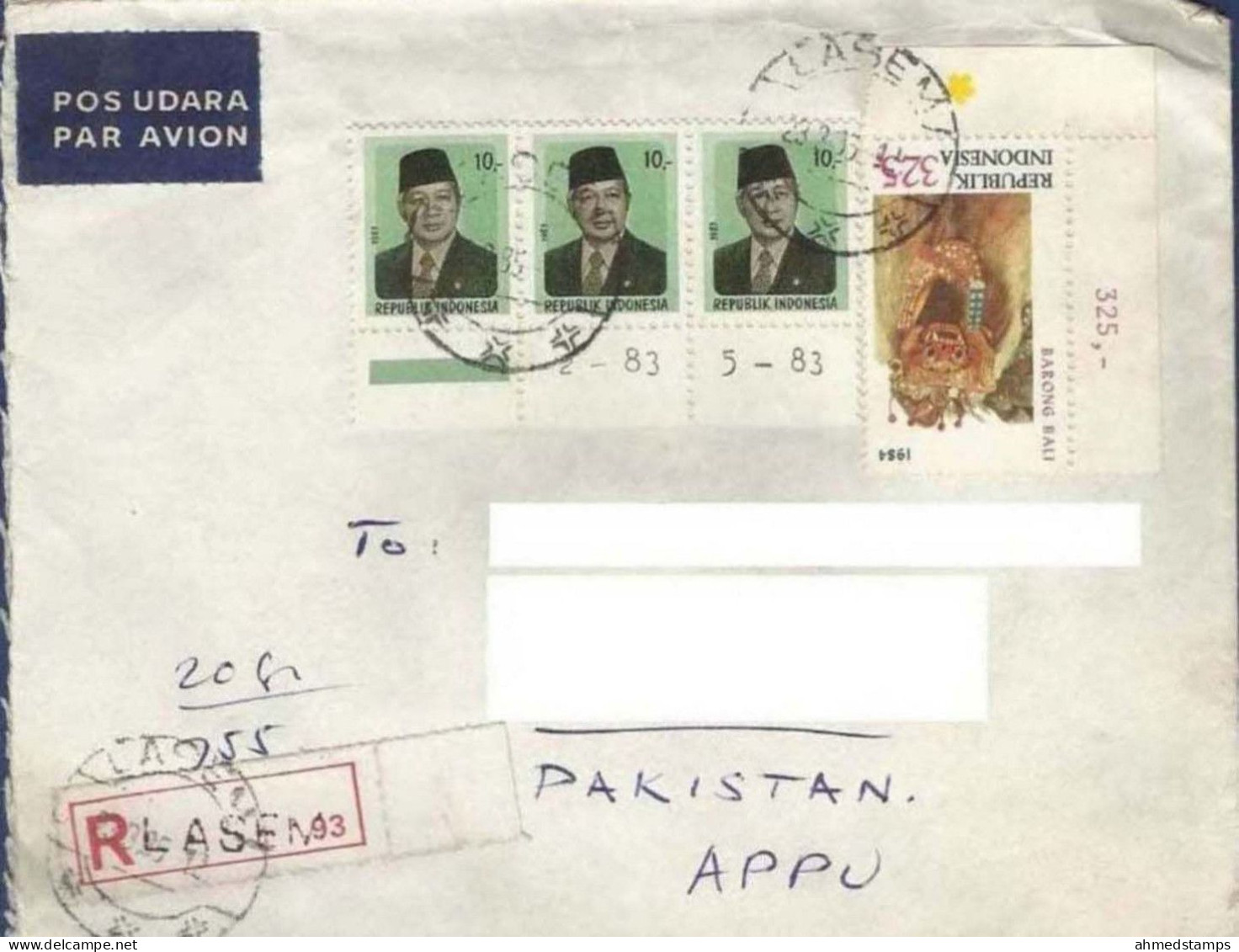 INDONESIA REGISTERED POSTAL USED AIRMAIL COVER TO PAKISTAN - Indonesia