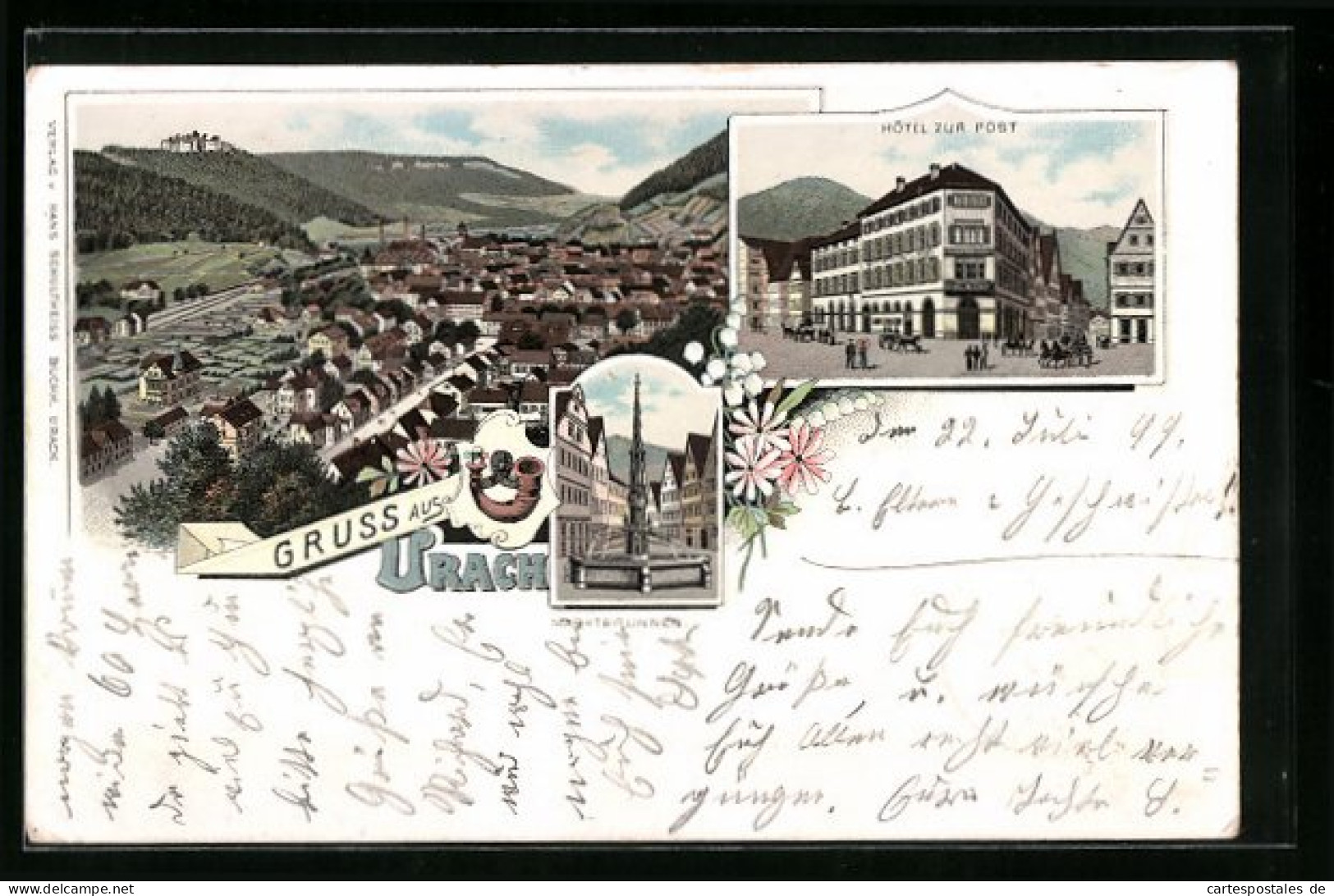 Lithographie Urach, Marktbrunnen, Hotel Zur Post, Ortsansicht  - Bad Urach