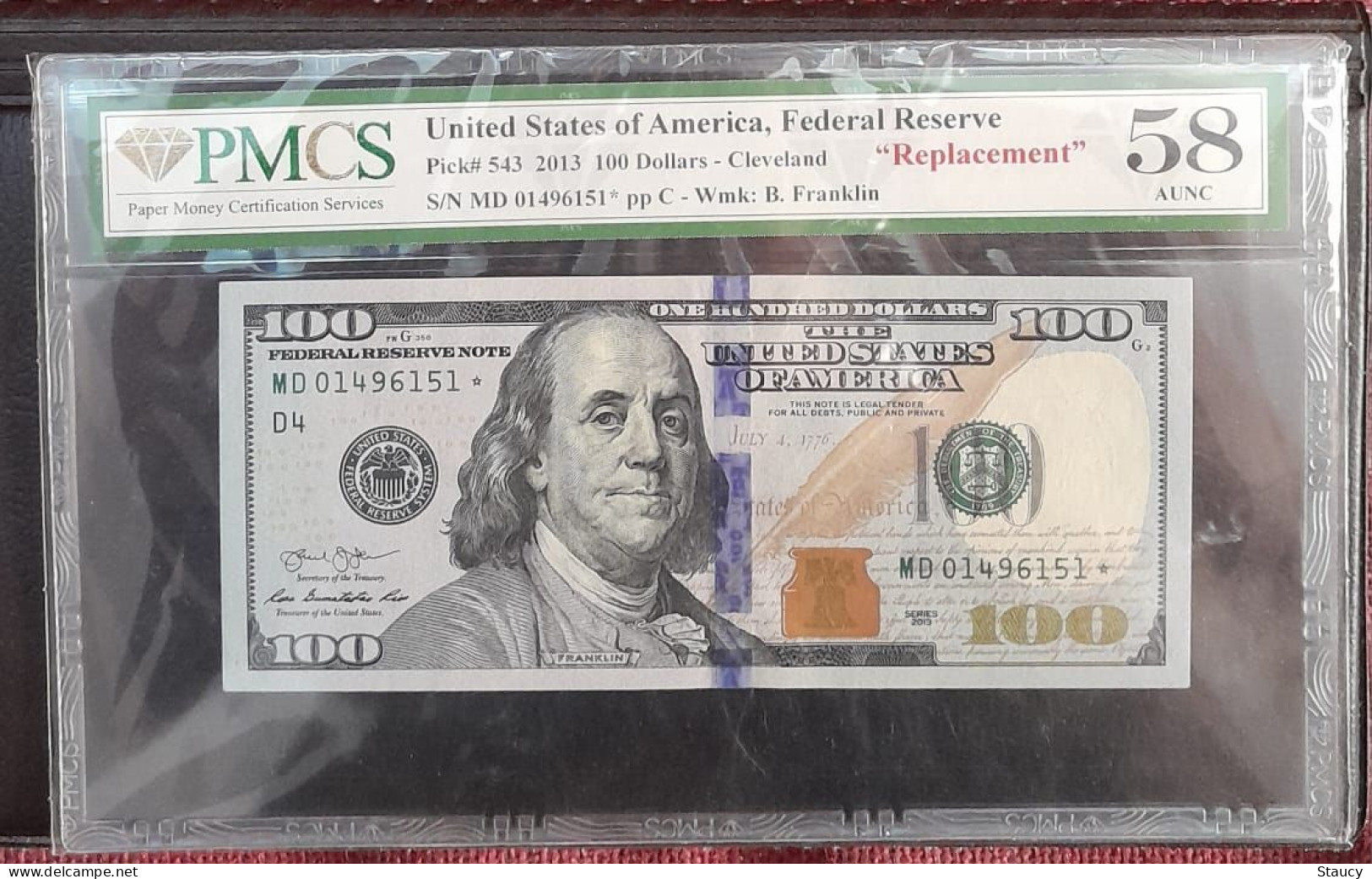 United States Of America USA 2013 $100 Dollars Cleveland "REPLACEMENT" Note K Franklin, AUNC 58 Stamped MD01496151 * D4 - Biljetten Van De  Federal Reserve (1928-...)