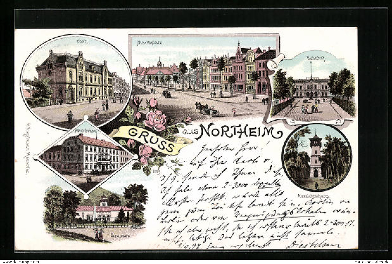 Lithographie Northeim, Marktplatz, Bahnhof, Hotel Sonne  - Northeim