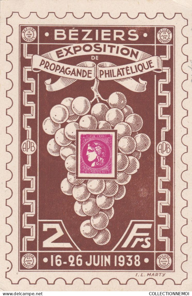 EXPOSITION DE PROPAGANDE PHILATELIQUE De BEZIERS 16-26 Juin 1938 ,,2 Cartes ,tirage 1000 Exemplaires - Bolli Commemorativi